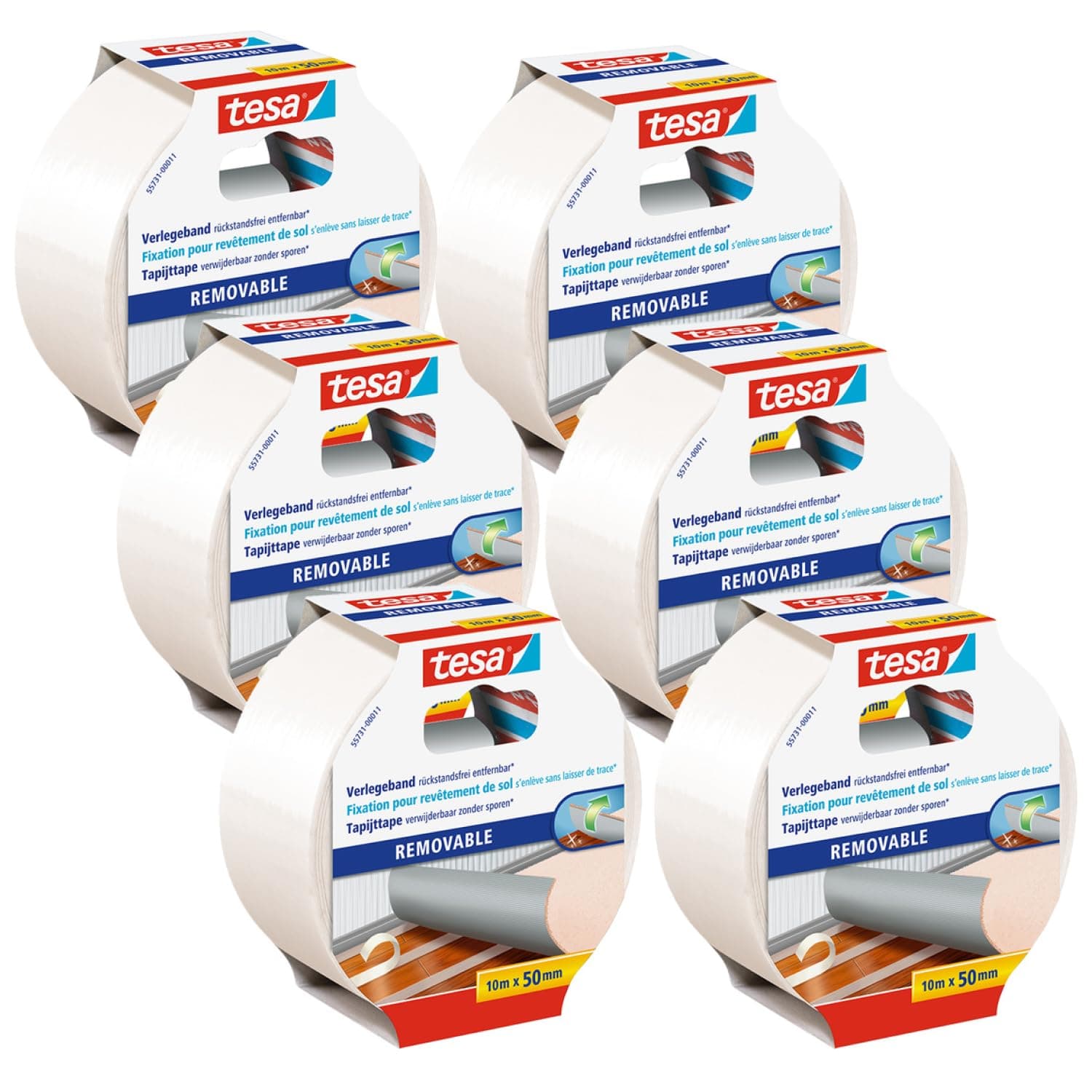 tesa Nastro per Posa, Rimovibile senza Residui - 6 Nastri - 10m x 50mm | Nastro Biadesivo Rinforzato con Tessuto per l'Incollamento di Moquette e Pavimenti in PVC