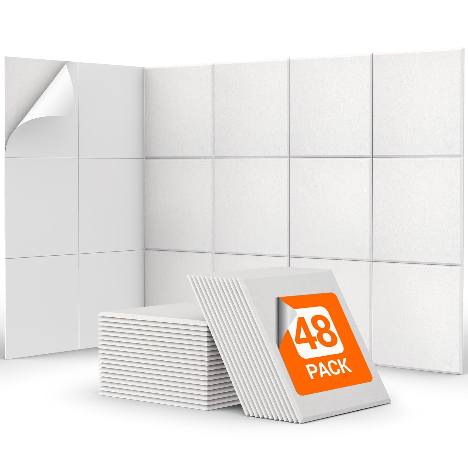 TONOR Lot de 48 Panneau Acoustique Mural Autocollante, 30 x 30 x 0,9 cm Panneau Acoustique à Haute Densité, Mousse Acoustique Isolant Phonique pour Studio, Bureau, Chambre, Salon, Blanc
