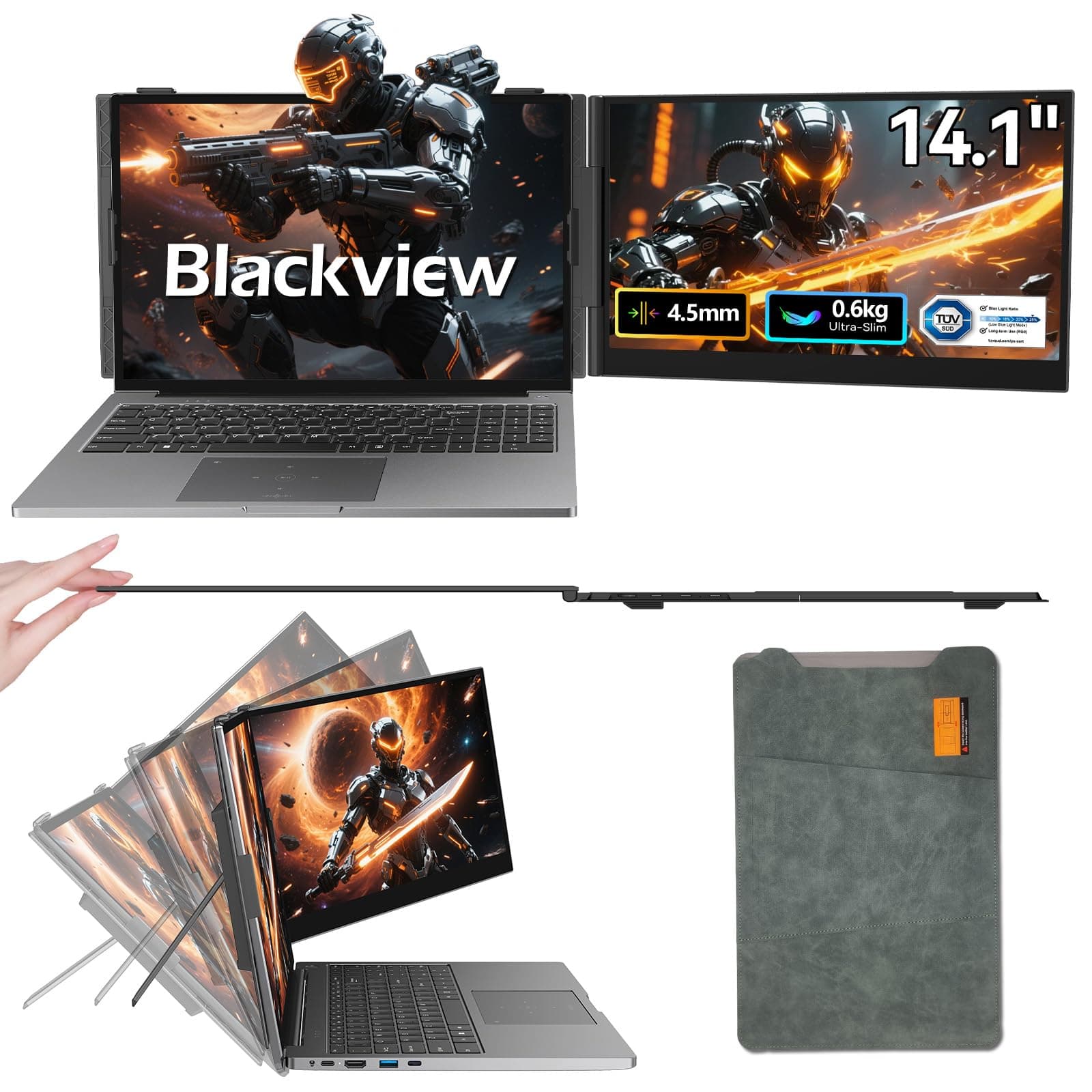 Blackview Pantalla Portatil Extensible Ultradelgado 14" FHD 1080P IPS Monitor Portátil,Certificación TÜV Luz Azul Baja,con HDMI/USB-A/Tipo-C Plug and Play, para Windows/Mac/Chrome/Switch/PS5
