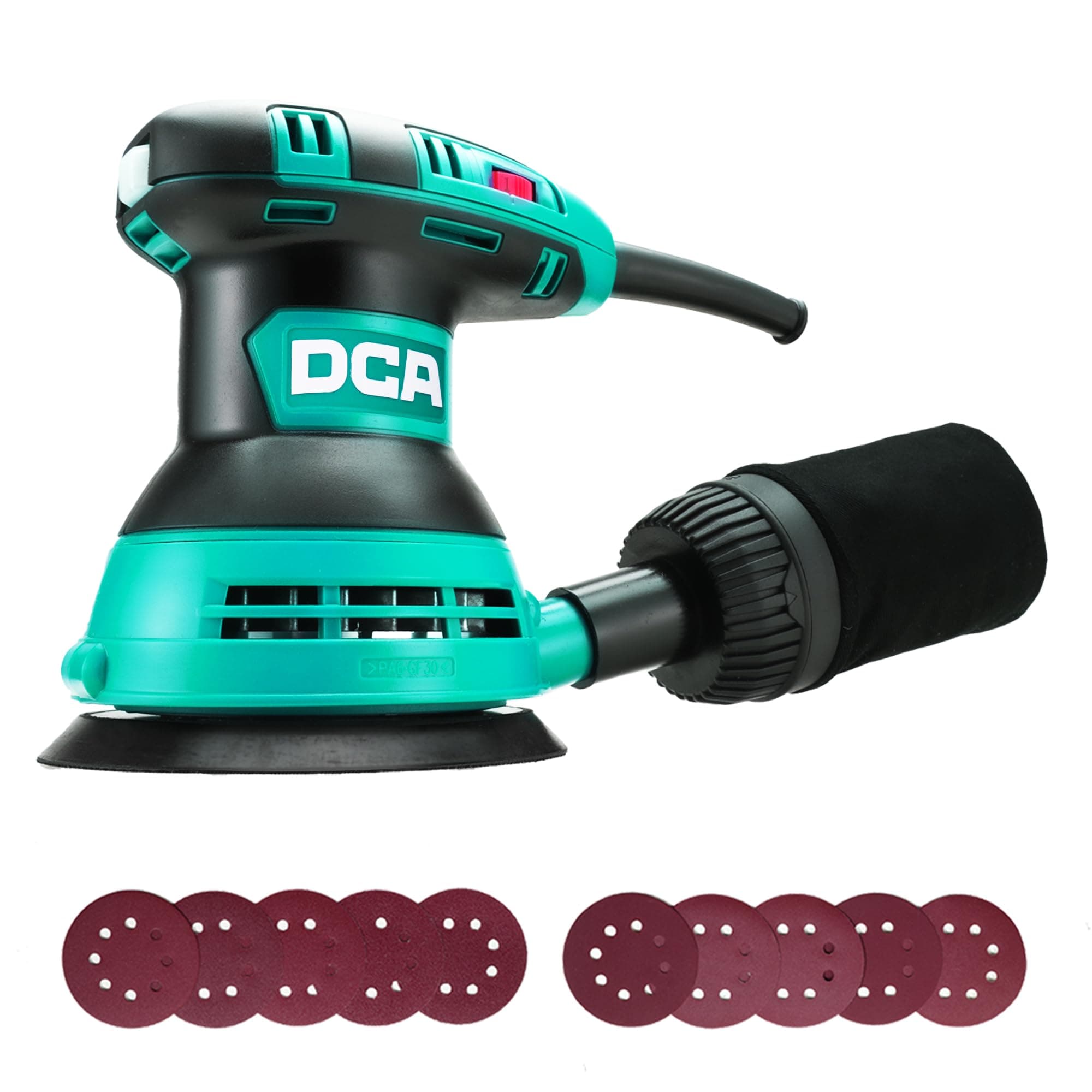 DCA Lijadora Orbital 300W, 6 Velocidades 12000RPM Lijadora Madera, Lijadora Eléctrica con Recogida de Polvo, 10psc 125MM Lija para superficies de madera y acero, lijado y pulido de madera, DIY