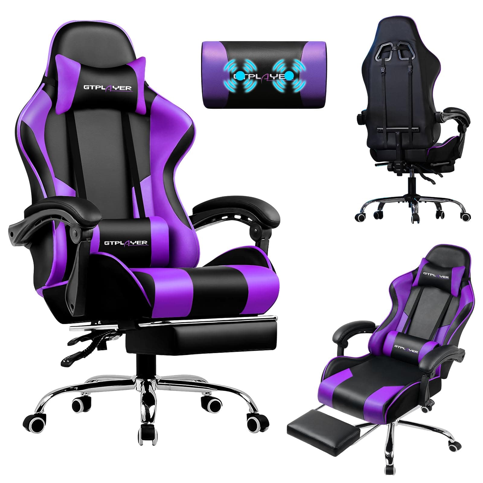 LUCKRACER Silla Gaming con Masaje Ergonómica | Reposapiés y Reposacabezas Retráctil | Soporte 150 kg | Oficina y Hogar | Color Púrpura