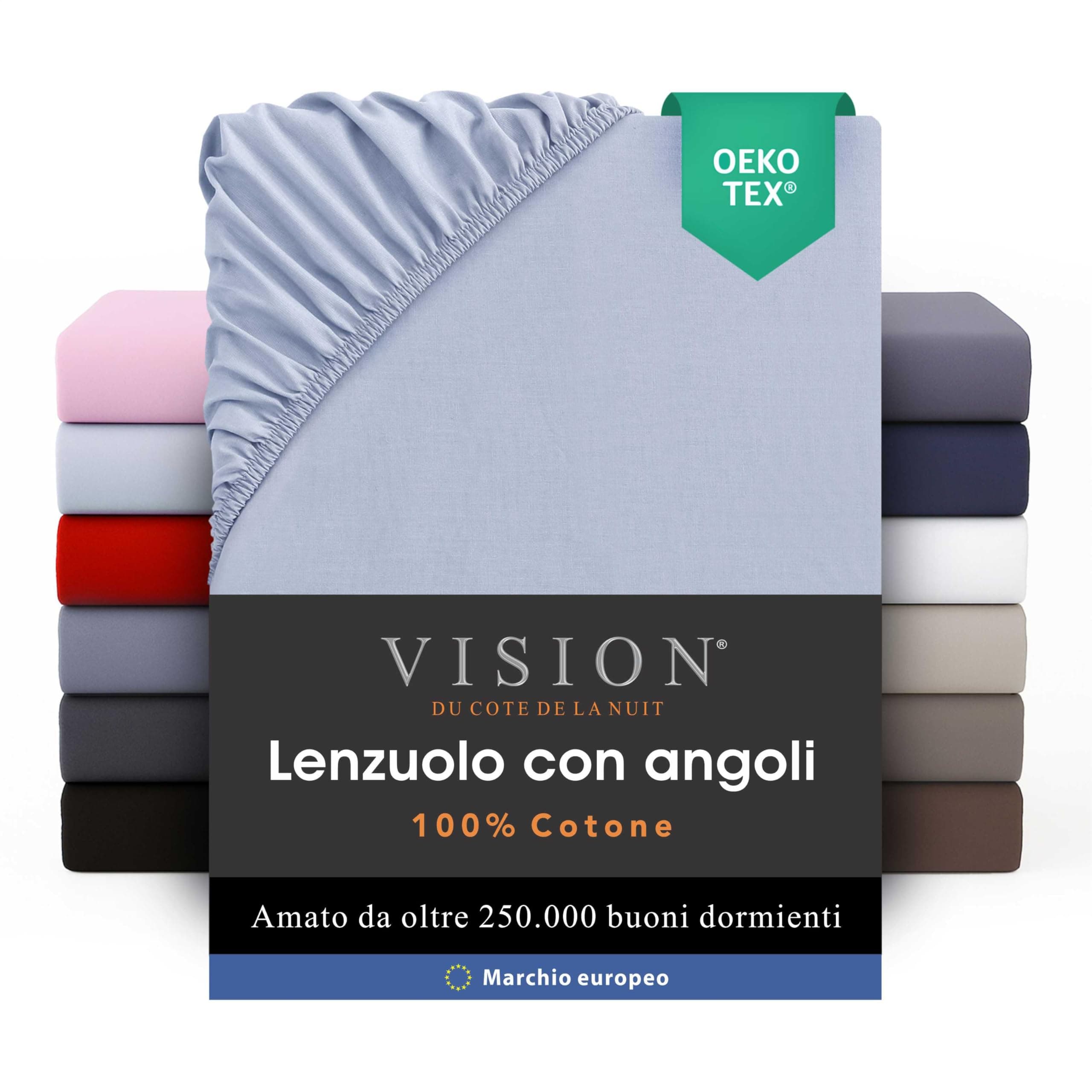 VISION Lenzuolo con angoli - 100% cotone - Letto singolo (90 x 190 cm) - Angoli elasticizzati - Adatto a materassi fino a 25 cm - Certificato Oeko-Tex - Lavabile in lavatrice - Colore: grigio perla