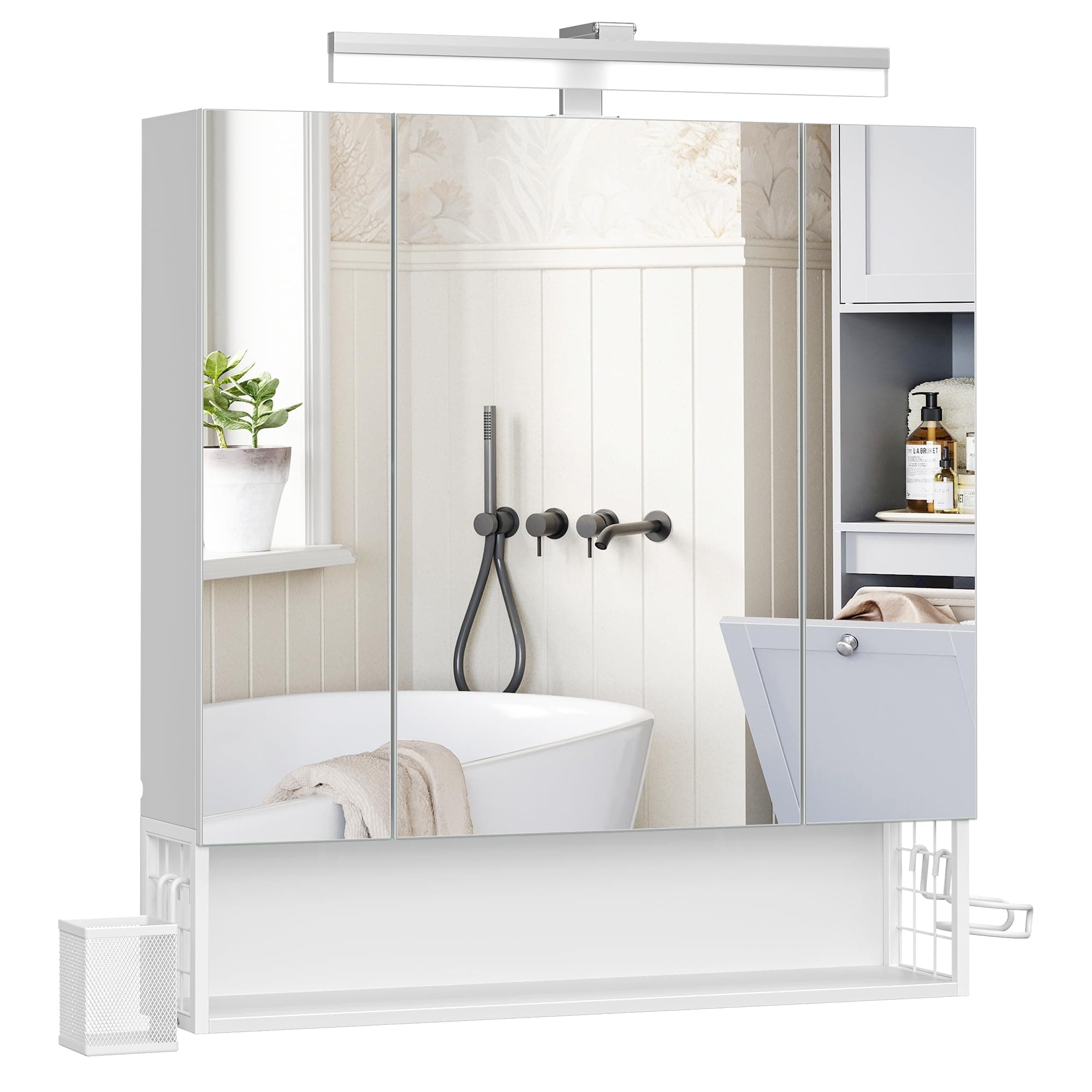 VASAGLE Mobile da Bagno con Illuminazione LED, 16,5 x 70 x 75 cm, Cestino Sospeso, Supporto per Asciugacapelli, per Lavabo, Bianco Nuvola BBK126W01