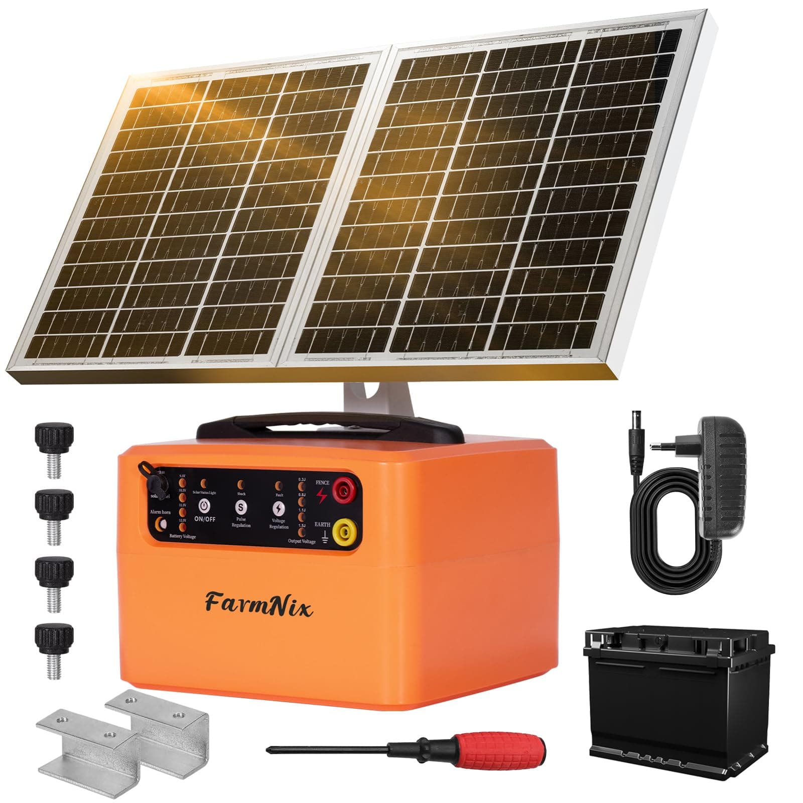 48 KM Pastor Electrico Solar, 0,3 J-1,5 J, 6 KV-12 KV Cerca Eléctrica Controlador con Panel Solar de 15 W, con Batería de Plomo-ácido Integrada de 12 V y 7 Ah, Apto para Ganado Vacuno y Ovino, Granjas
