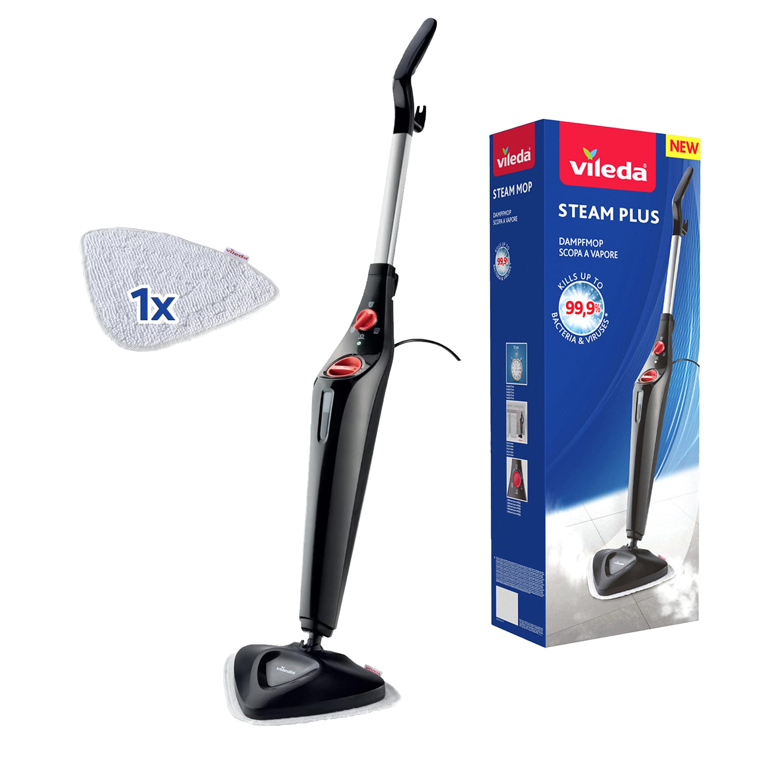 Vileda Steam PLUS | scopa a vapore | pulizia e igiene con il vapore | elimina fino al 99.9% dei batteri e virus | ideale per tappeti, moquette per tutti i tipi di pavimento | senza uso di detergenti