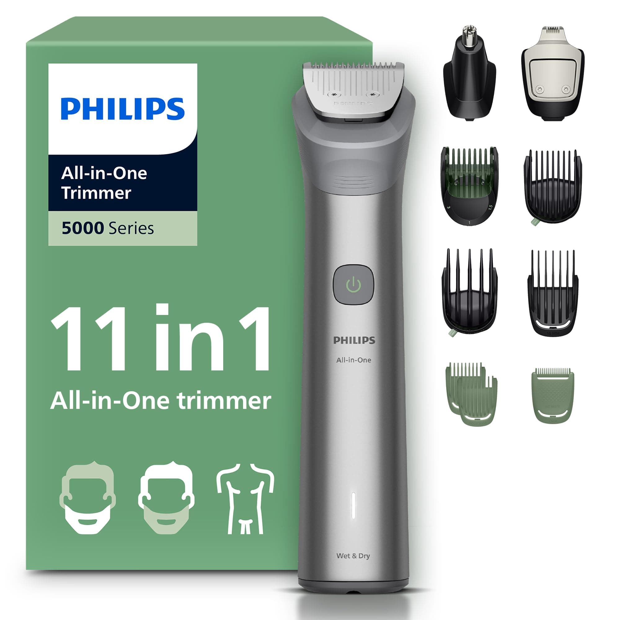 Philips Multigroom série 5000 Tondeuse tout-en-un 11 accessoires – tondeuse pour barbe, cheveux et corps, lames en métal auto-affûtées, 17 hauteurs de coupe (0,5-16 mm), modèle MG5951/15