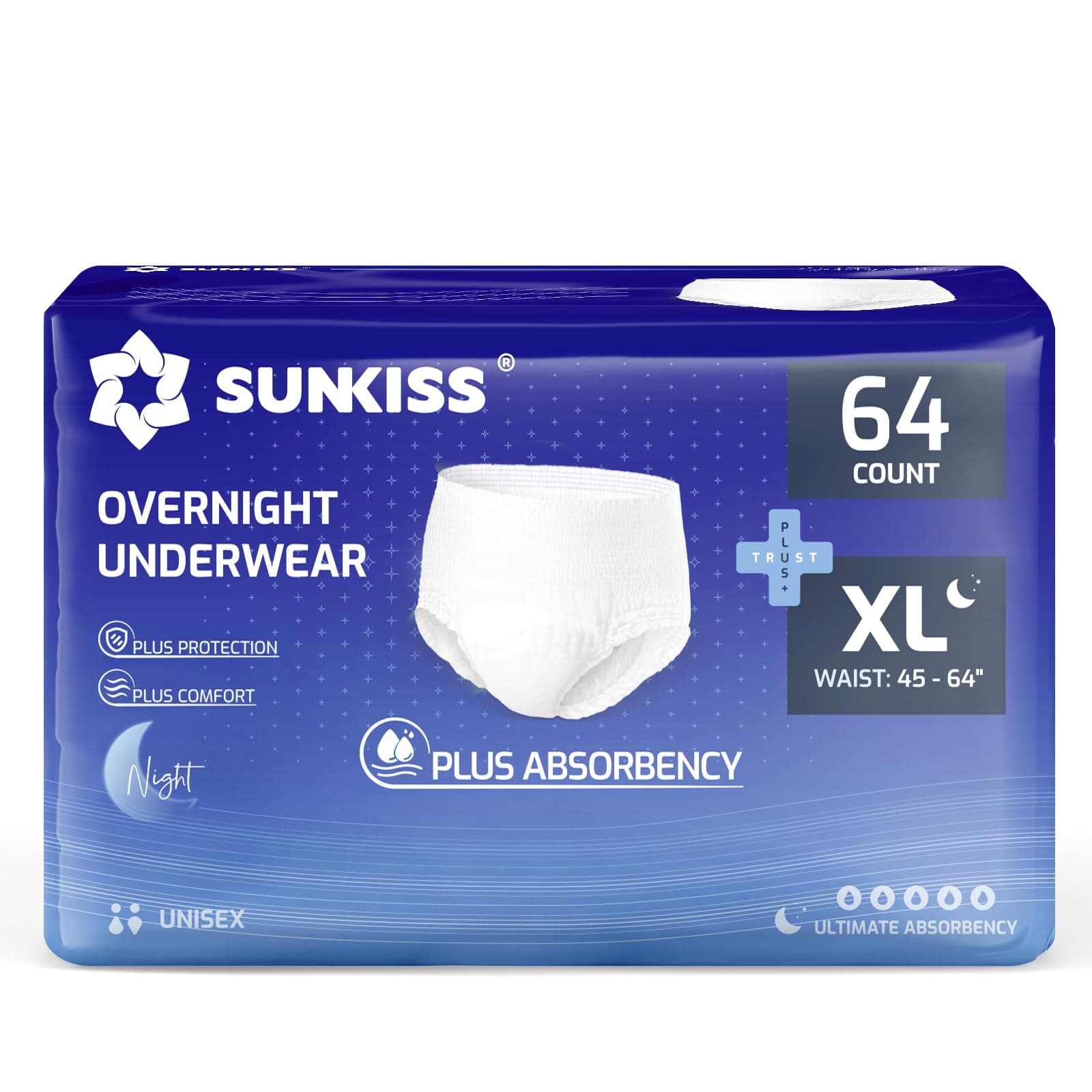 SUNKISS TrustPlus Culottes Adultes pour Incontinence, Culotte Absorbante Adulte, Jetables pour Homme et Femme, Pull Up Diaper Pants, Contrôle des Odeurs, Anti-fuites, Unisexe, XL Nuit, 64 Unités