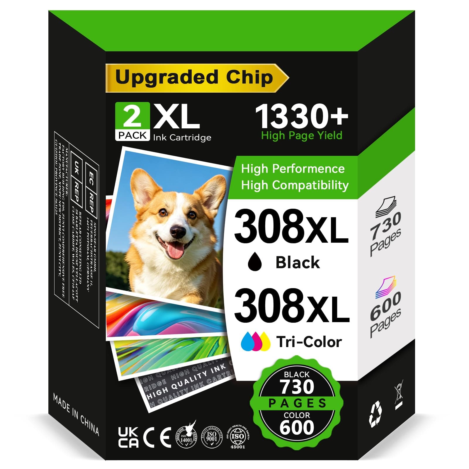 ECOINKO Cartuchos 308XL BK+CMY - 1330+ Páginas, Reemplazo para Tinta HP 308 XL Negro y Color Originales, Tinta Impresora 308 XL para HP Envy 6100e 6120e 6122e 6132e 6520e Deskjet 2910 2920 2921