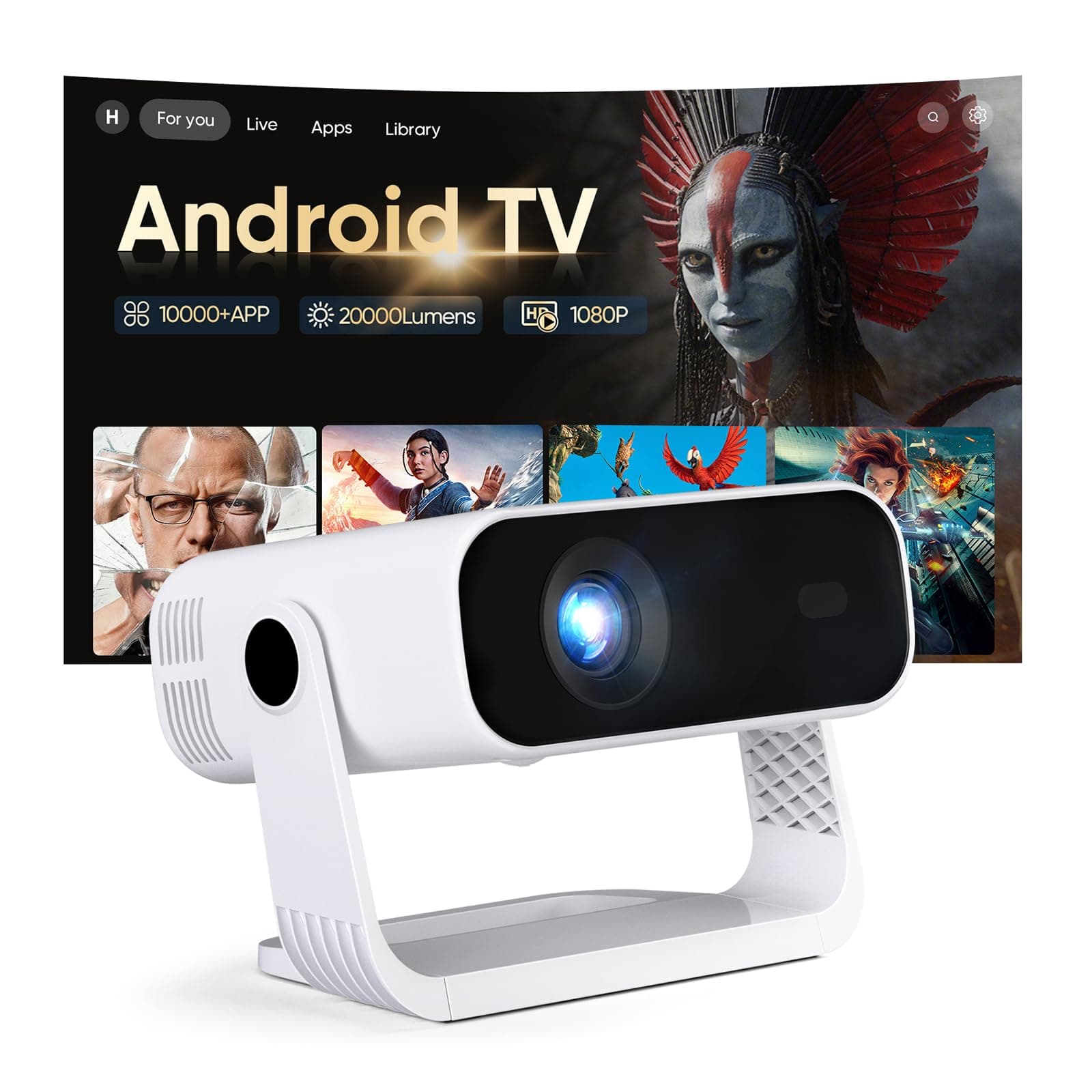Videoprojecteur Intelligent Applications Intégrées Rétroprojecteur 1080P Natif Supporte 4K WiFi 6 Bluetooth 5.2 240 ANSI Correction Trapézoïdale Automatique Focus Électronique pour Android iOS HDMI