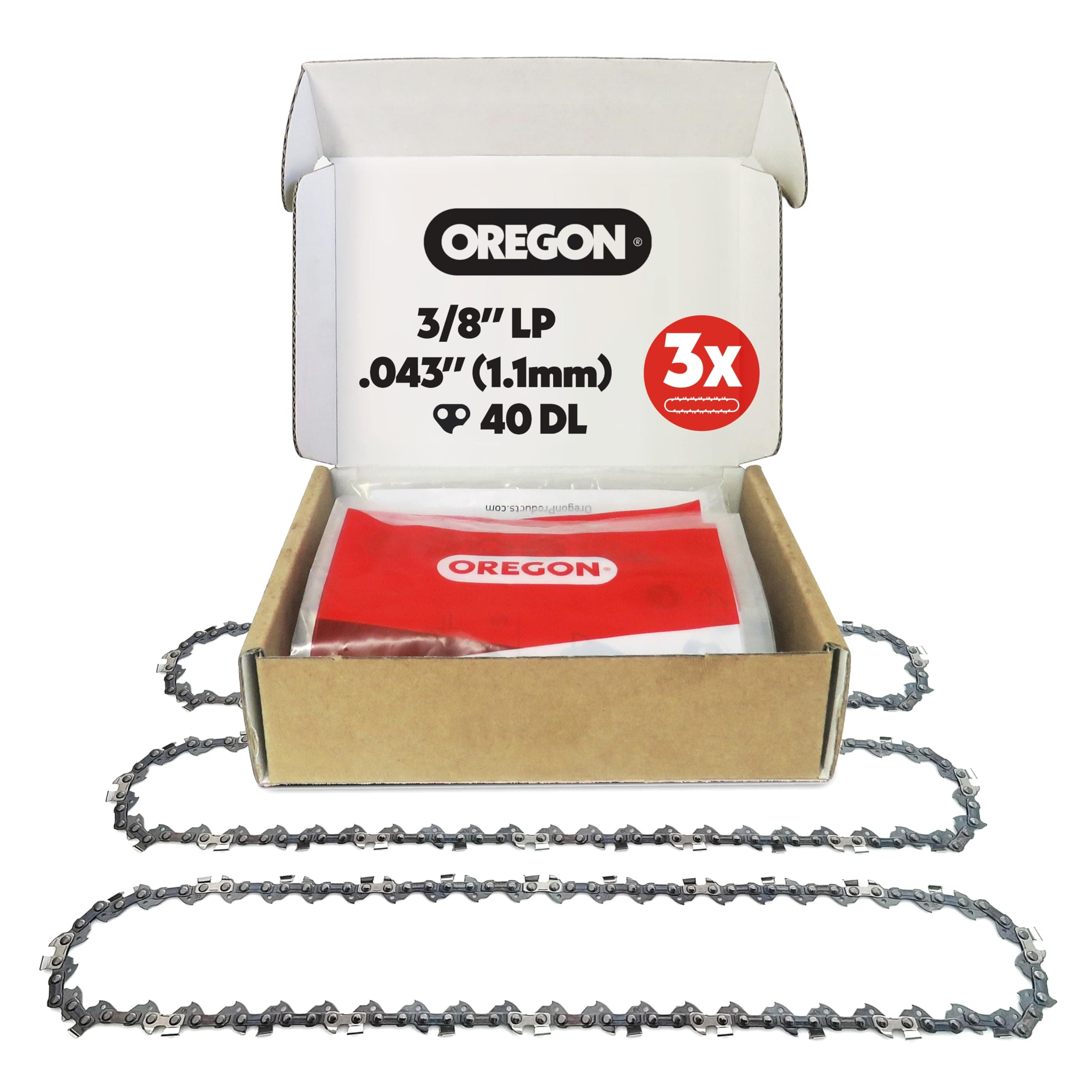 Oregon 3-er Pack Sägekette 3/8 LP Teilung, 0,43 Zoll (1,1 mm) Stärke, für 10 Zoll (25 cm) Führungsschiene, 40 Treibglieder - Geringer Rückschlag Ersatzsägekette für Ryobi, Husqvarna, Makita und mehr
