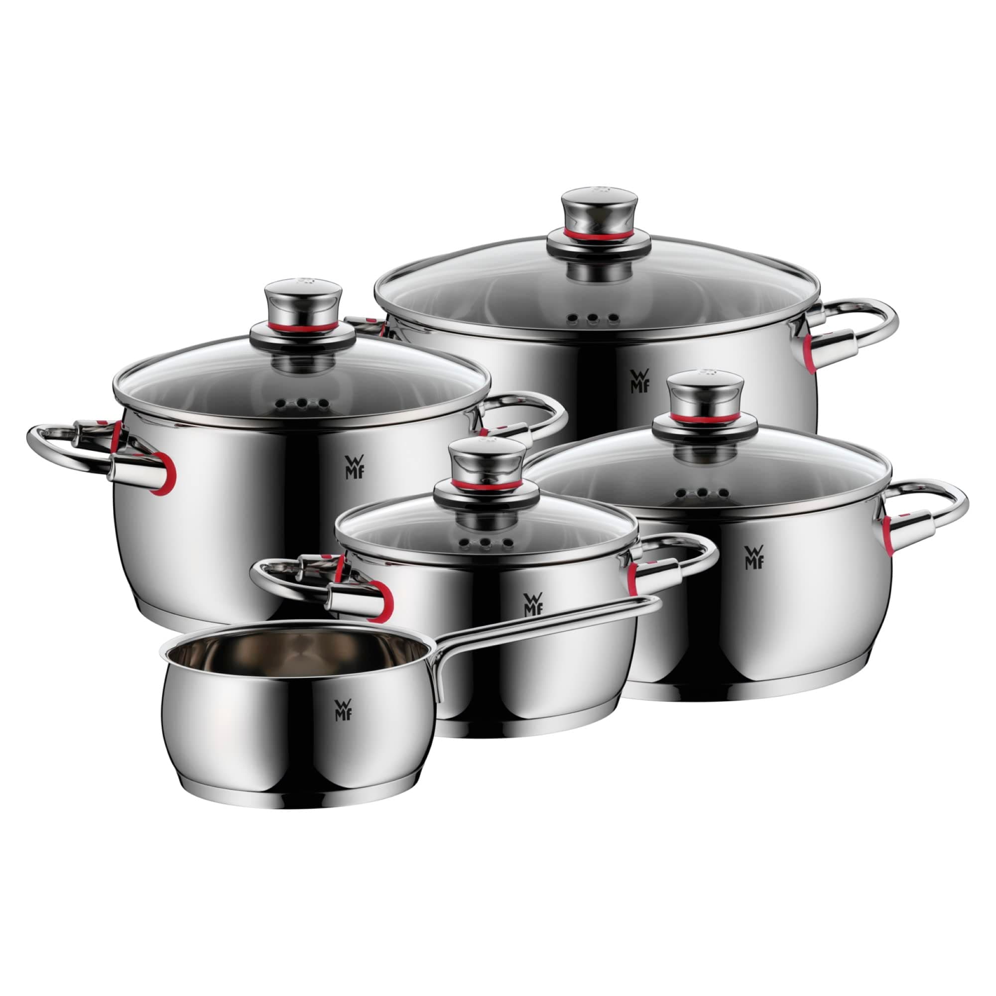 WMF Quaity One - Batería de Cocina 9 Piezas, Acero Inoxidable Apto para Inducción, 1 Cacerola Baja de 20 cm, 3 Cacerolas Altas de 16 cm, 20 cm y 24 cm, 1 Cazo 16 cm con 4 Tapas de Cristal
