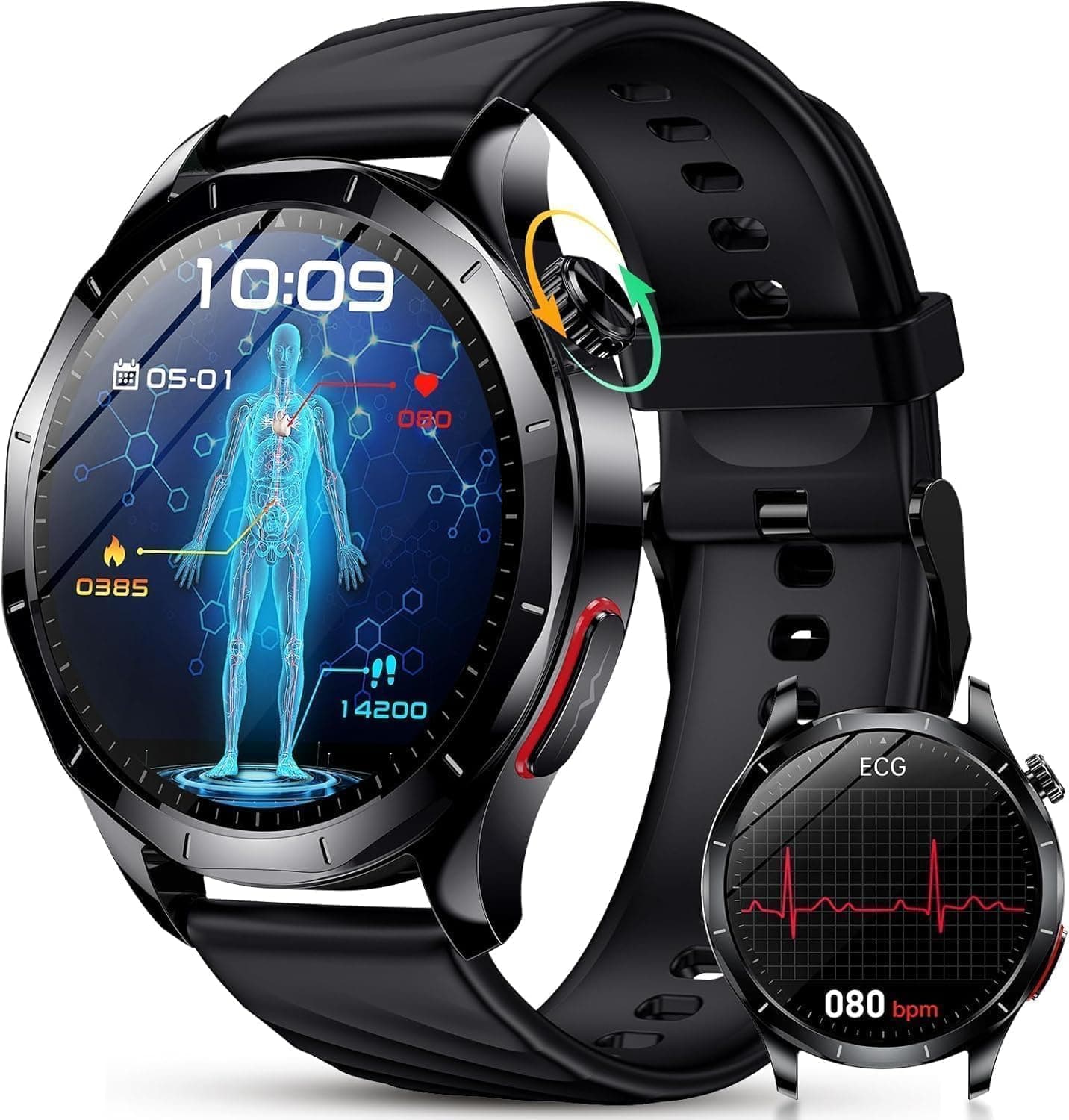 YUPENG Reloj Inteligente Hombre con ECG, 1.43" Smartwatch con Presión Arterial Frecuencia Cardíaca Spo2 Sueño, Ácido Úrico/Lípidos/BMI/Fatiga/Emociones Pulsera Fitness para Android iOS