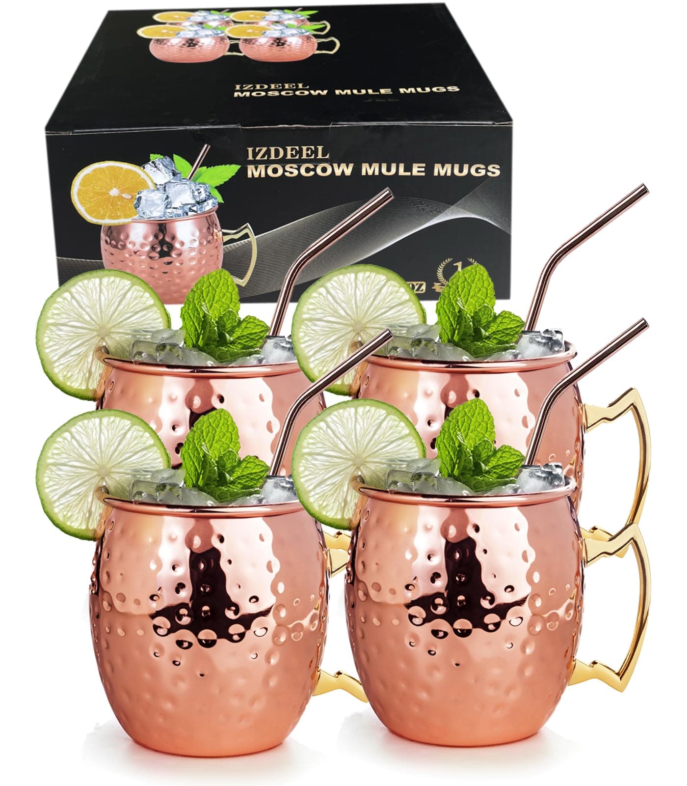 izdeel Verres Moscow Mule Cuivre Mugs 550ml Tasses pour Cocktail, Rhum, Boissons Froides, Maison, Bar, Fête, La Saint Valentin Anniversaire Journée des mères Journée des pères Cadeaux Ensemble