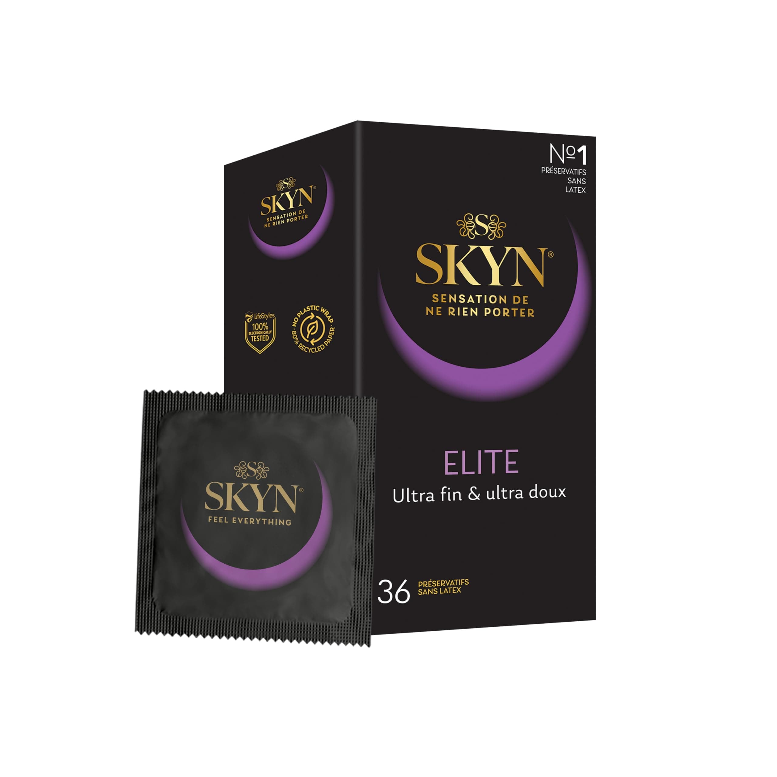 SKYN Elite : Lot de 36 Préservatifs Sans Latex SKYNFEEL pour Homme | Taille Standard, Ultra-Fins et Doux, Forme Droite et Lisse | Diamètre 53mm