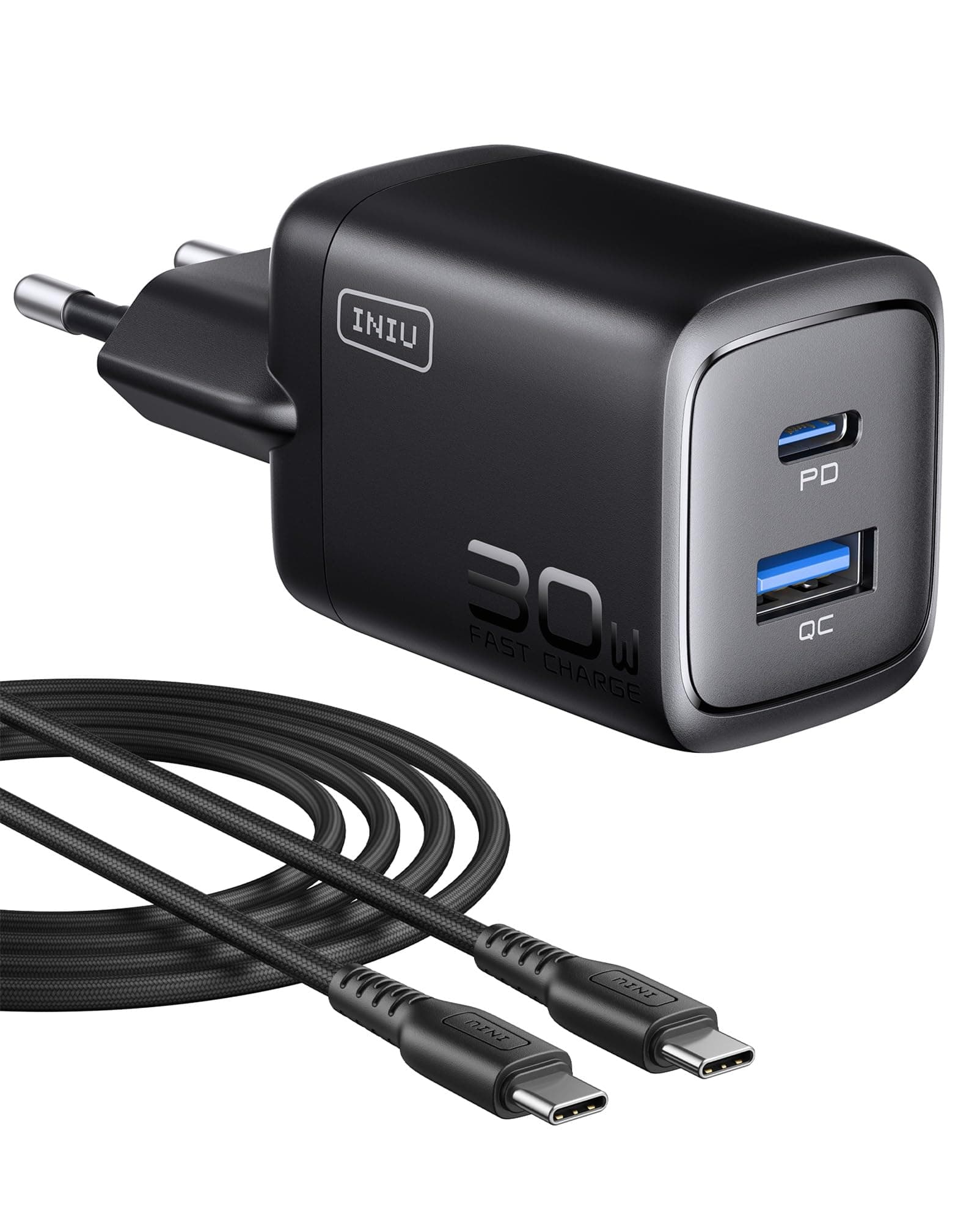 INIU 30W Caricatore USB C, Presa alimentatore con USB-C cavo, PD Compatto Caricatore Rapido, 2-Porto GaN Caricabatteria Rapido per iPhone 17 16 Pro Max, iPad Air, Samsung S25 S24 Ultra, Pixel, Xiaomi