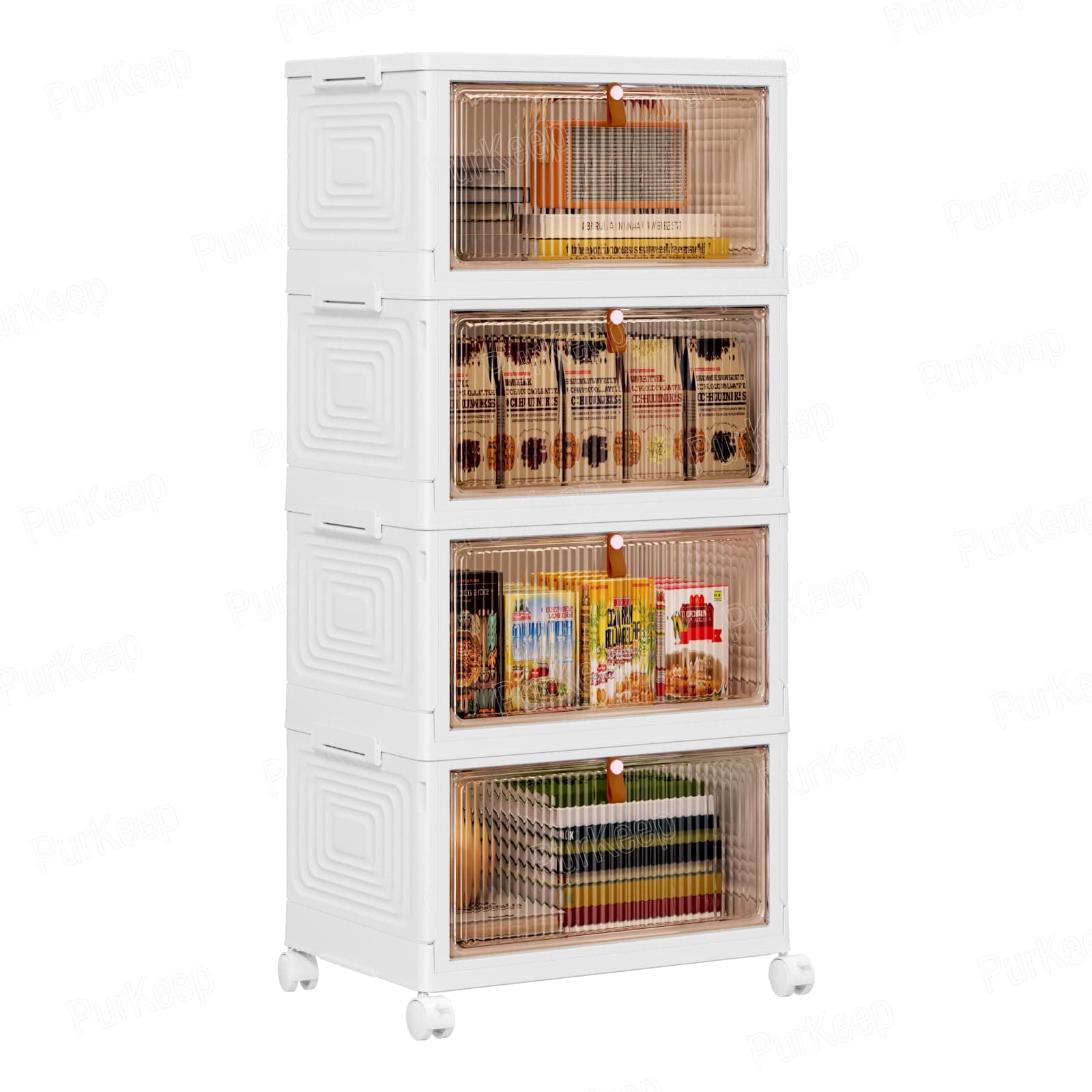 PurKeep Scatole portaoggetti con coperchio, 23 L x 4 ripiani, in plastica, con coperchio, impilabili con ruote, cassetti con porta anteriore, scatola di plastica per casa e ufficio, colore bianco