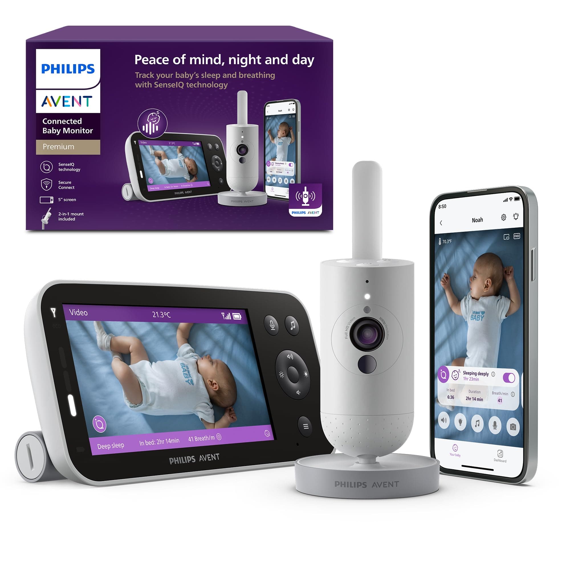 Philips Avent Premium Connected Baby Monitor, il monitor più avanzato di sempre di Avent, controllo di sonno e respirazione con IA, HD, app, SCD973/26
