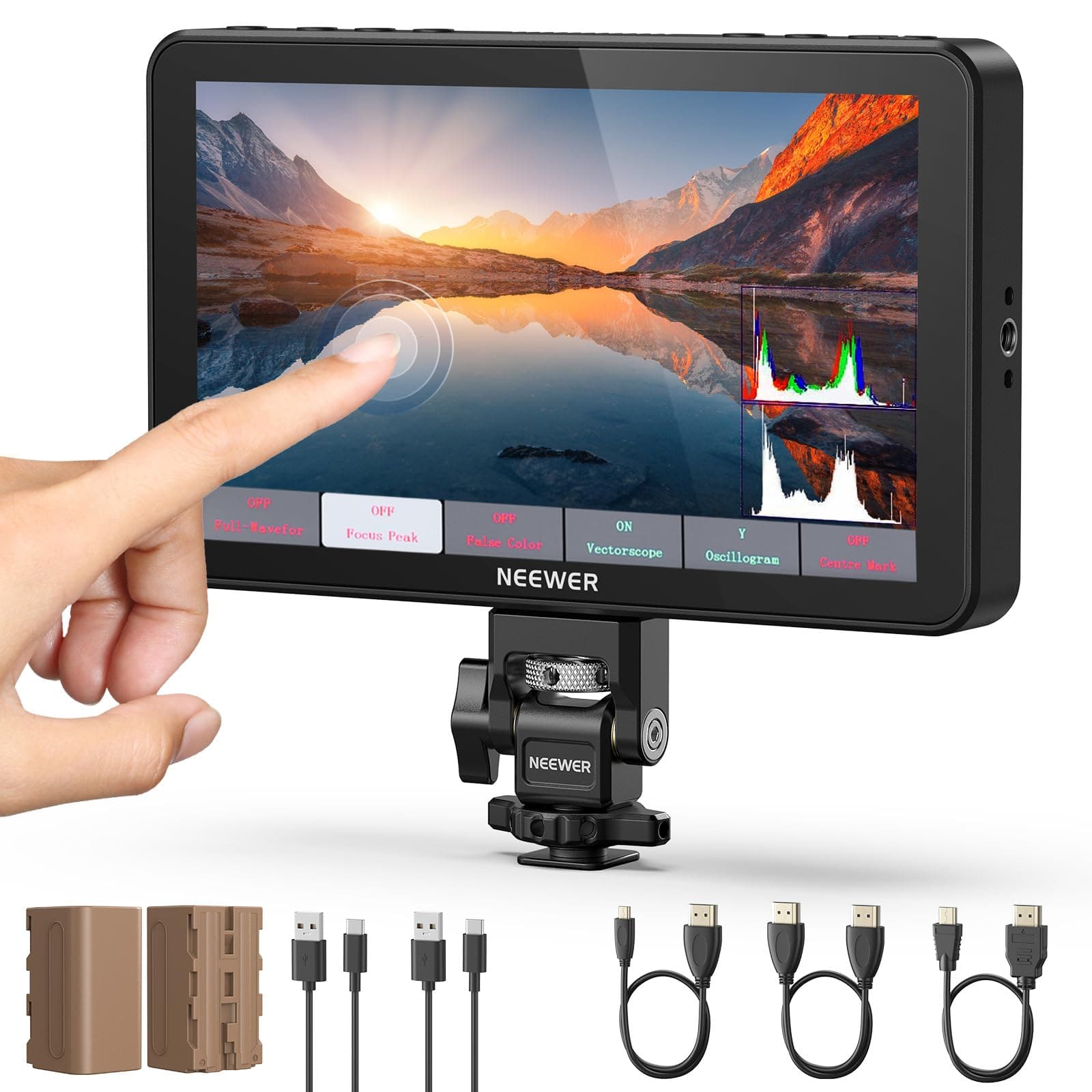 NEEWER F700 7" Monitor Campo Cámara, 2000nit HD 1920x1080 Pantalla Táctil | IPS,3D LUT,Entrada/Salida Bucle HDMI 4K con Peak Focus DSLR Video Assist HDR Waveform,Zapata Fría,2 Baterías NP-F750 y Cable
