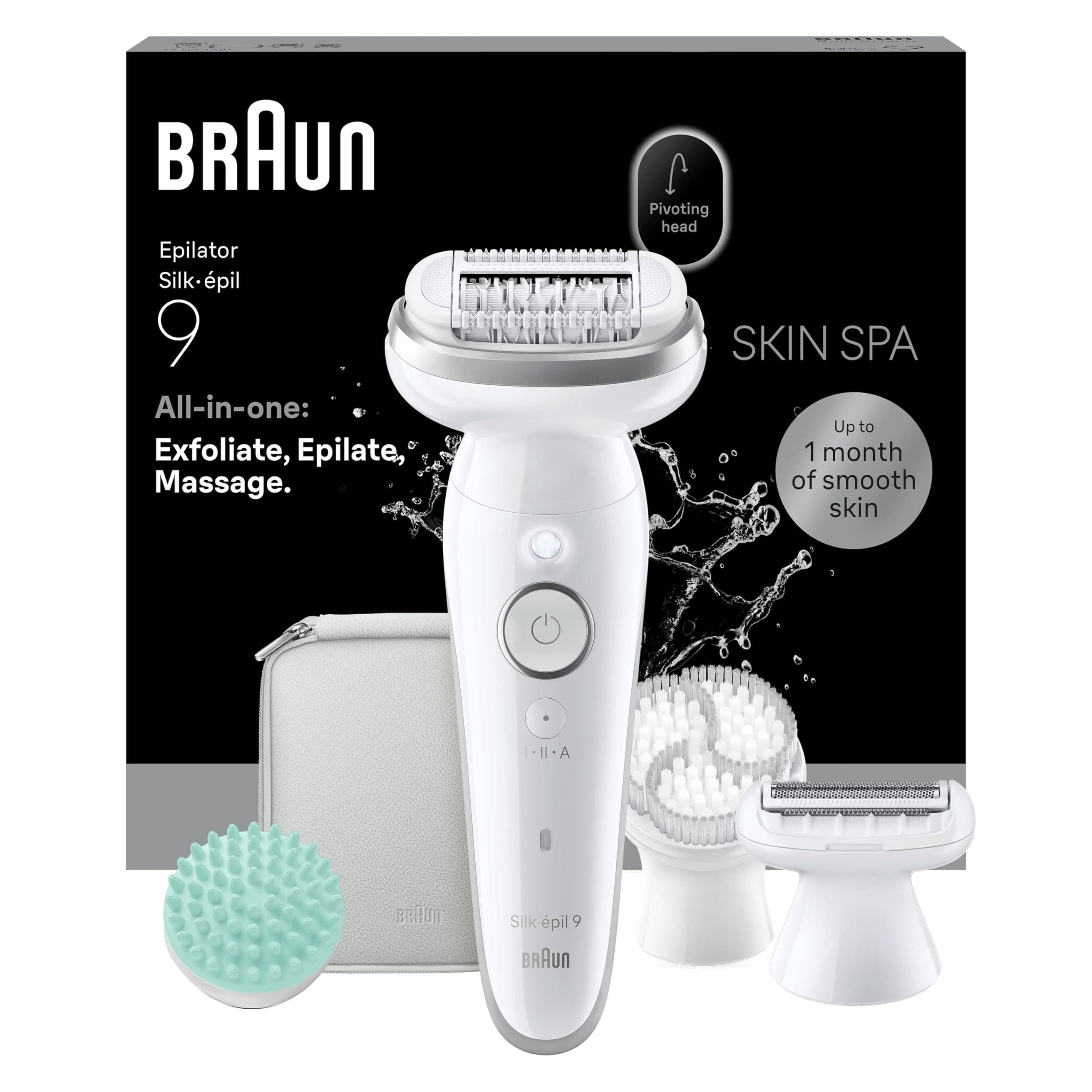 Braun Silk Epil 9 SkinSpa, Epilatore Con Testina Flessibile, Rasoio Elettrico Donna, Wet&Dry, Pelle Liscia A Lungo, Spazzola Esfoliante, Accessorio Massaggiante, Testina Radente, Cappuccio Regolatore