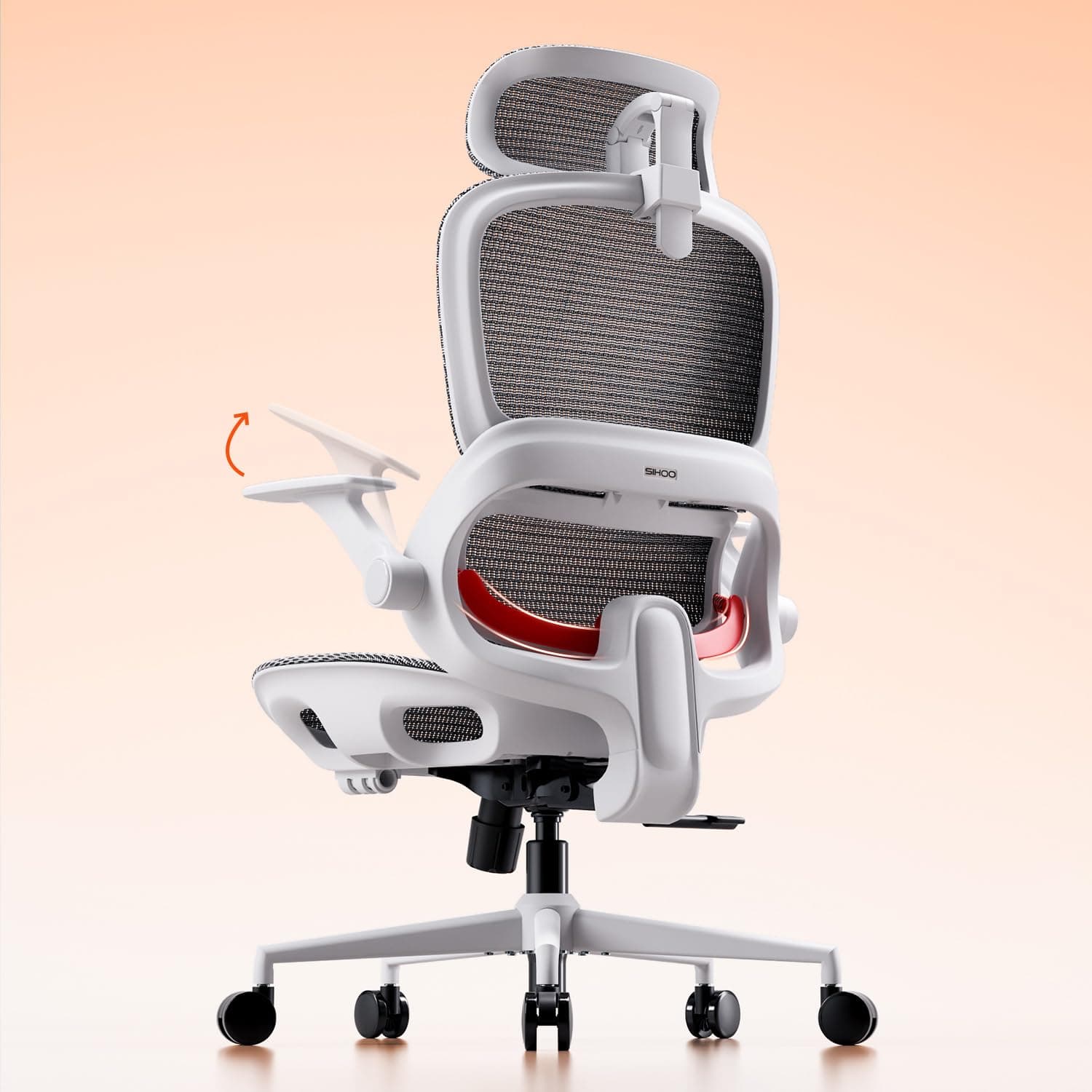 SIHOO Silla de Oficina ergonómica B100, cómoda Silla de Escritorio con Soporte Lumbar dinámico adaptativo, Silla de computadora con reposacabezas, reposabrazos abatibles (Blanca sin reposapiés)