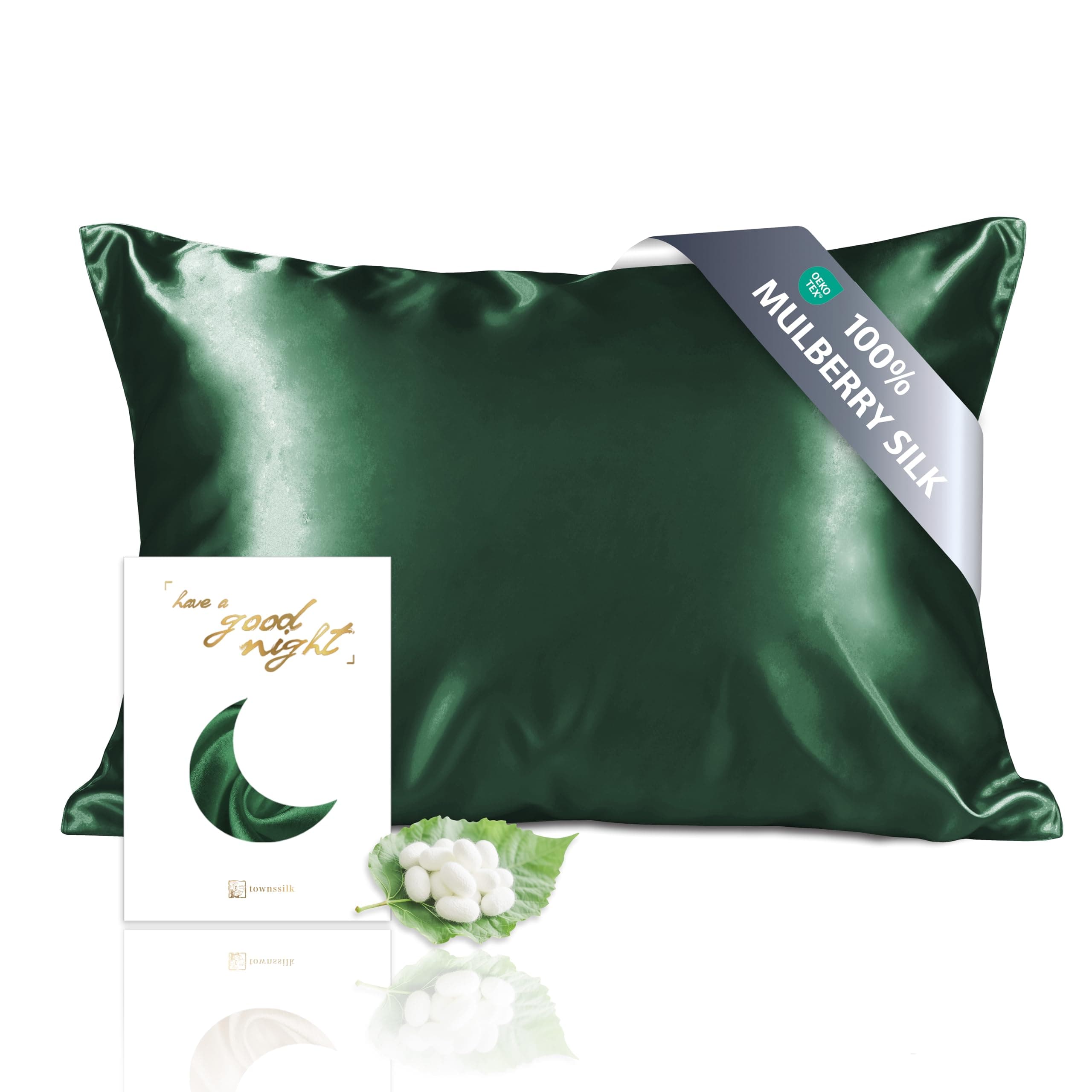 townssilk Federa seta cuscino,100% naturale seta di gelso 19momme,doppia faccia,benefica per capelli e pelle,ipoallergenica,cerniera nascosta,1 pz,50x75cm,Smeraldo