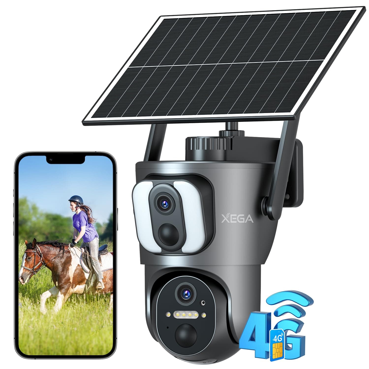 Xega 4G Camara Solar Exterior con Sim【Doble Lente】 14400mAh LTE Cámara Vigilancia Inalámbrica con Batería 2K HD IP PTZ 355°/100°, Detección Humana, Visión Nocturna, Alarma de Luz y Sonido,(Sin WiFi)