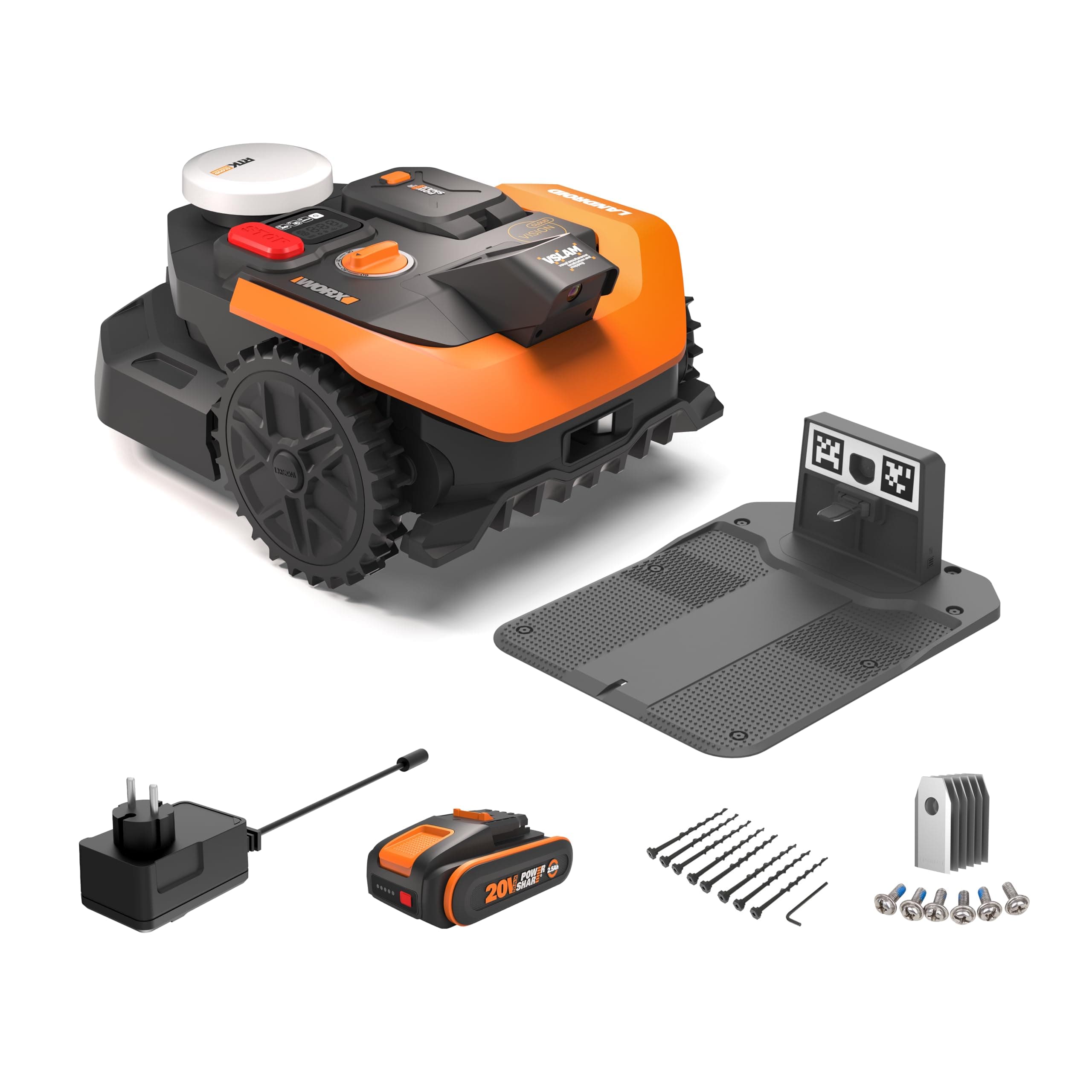 WORX Landroid Vision Cloud WR305E Robot tosaerba per 500 m², mappatura automatica, modulo RTK, rilevamento intelligente degli ostacoli, stazione di ricarica flessibile, batteria PowerShare