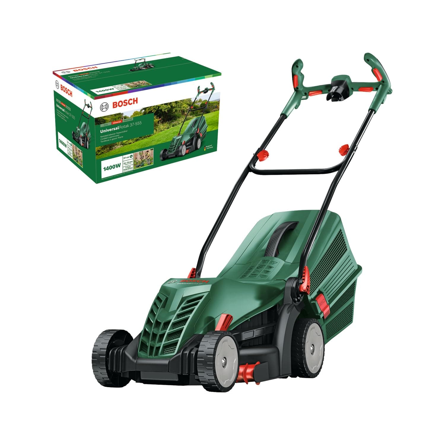 Bosch Tondeuse à Gazon Filaire UniversalRotak 37-555 (Moteur de 1 400 W, Largeur de Coupe : 37 cm, bac de ramassage 40 litres, poignées Ergoflex)