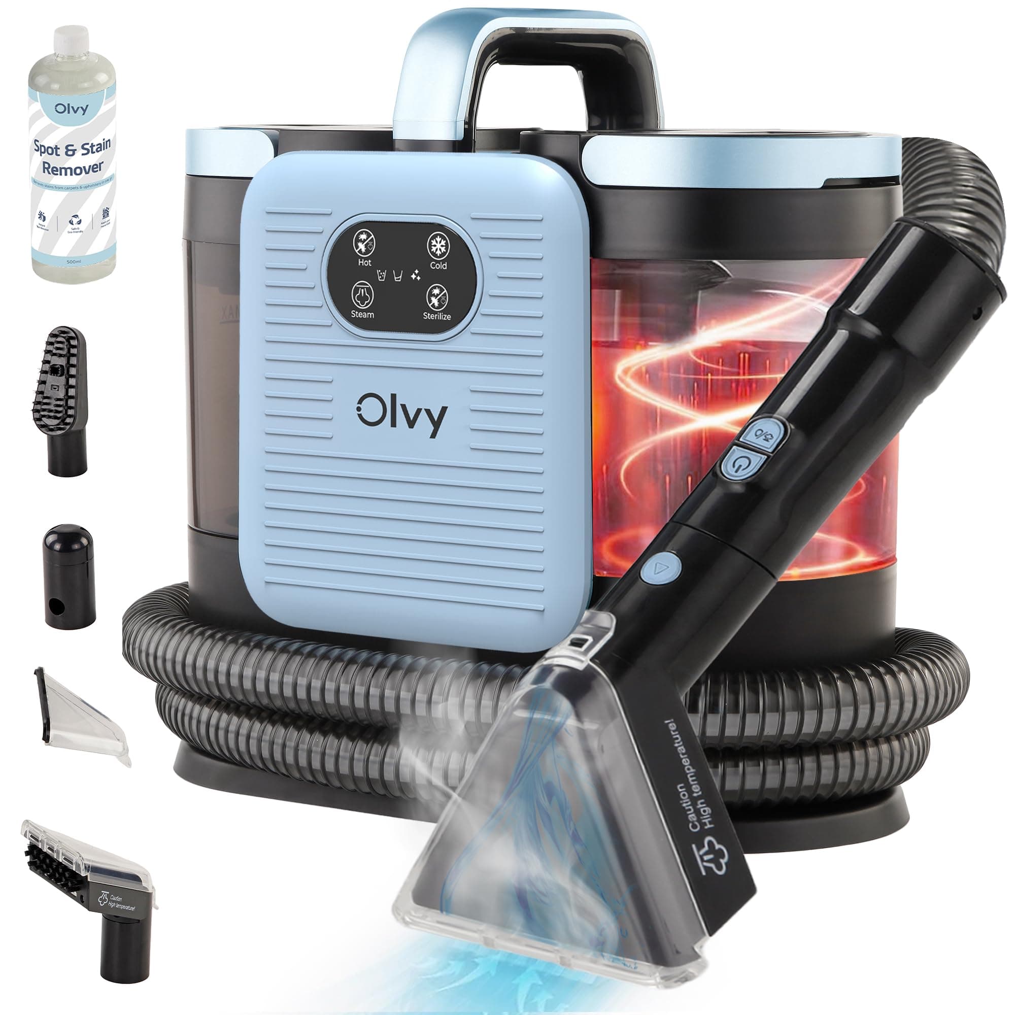 Olvy Limpiador de Alfombras PRO – Aspiradora en húmedo con función de vapor – Limpiador a vapor a 100 °C – Dispositivo para limpieza de sofás – Aspiradora en húmedo para tapicerías – 1650W