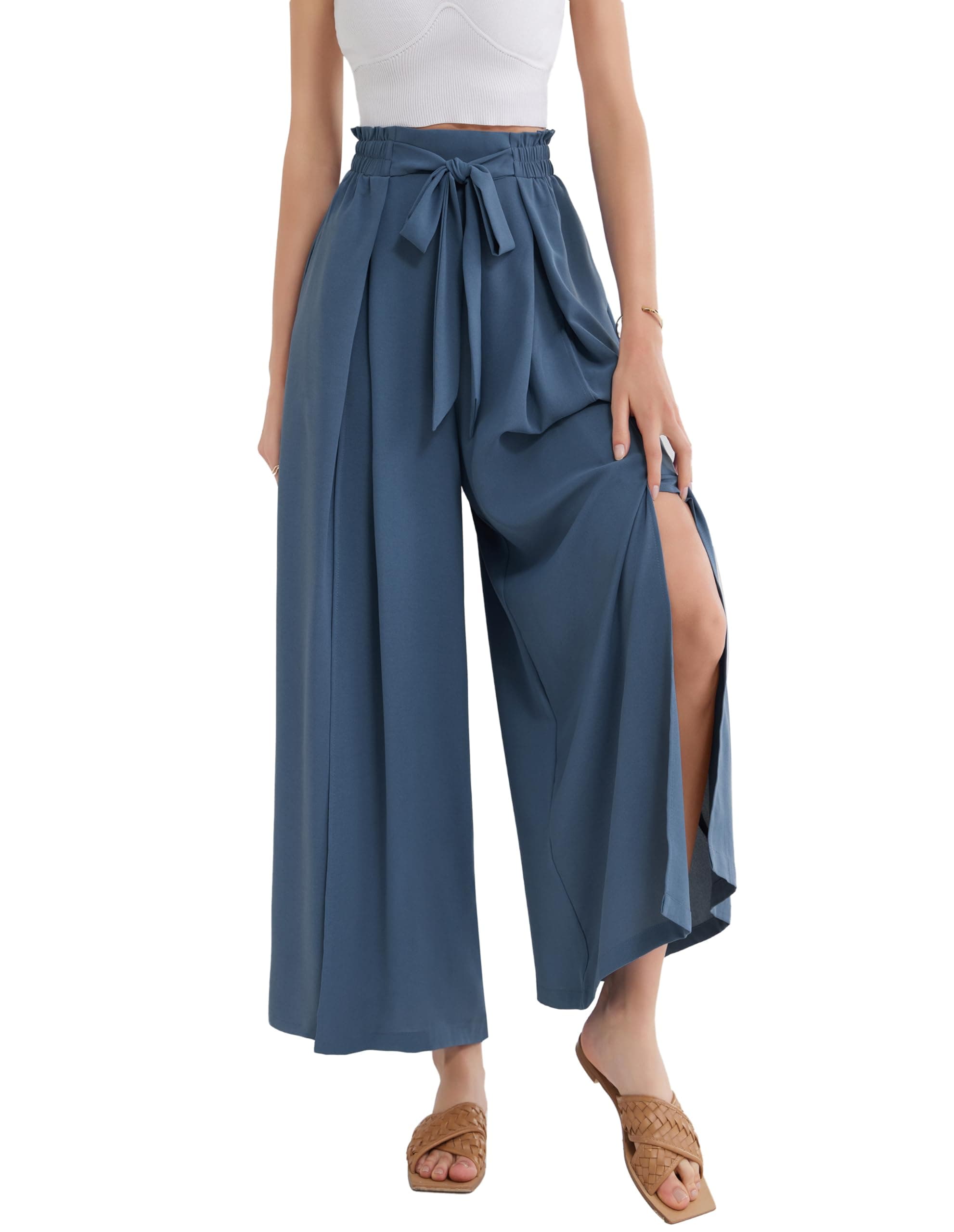 GRACE KARIN Damenhose mit weitem Bein und Taschen, leicht, hohe Taille, Knoten, lässig, locker geteilt, fließend, Palazzo-Hose