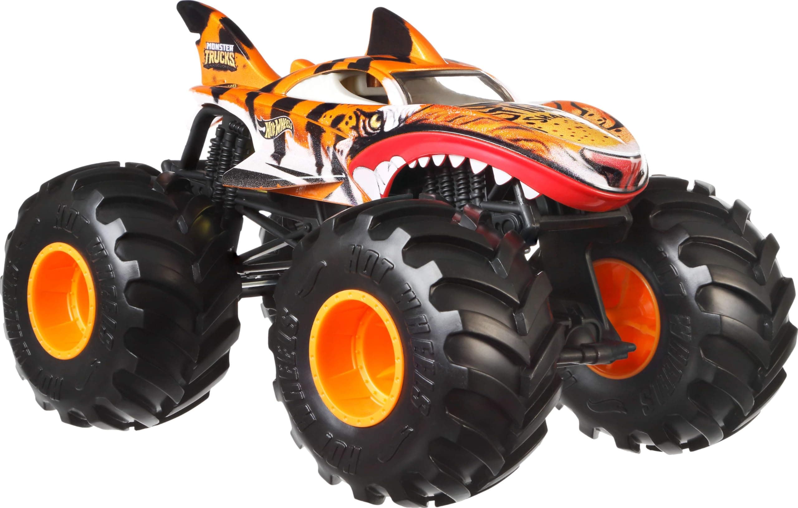 Hot Wheels Monster Trucks Tiger Shark Monster Truck de Gran tamaño, camión de Juguete metálico a Escala 1:24 con Ruedas Gigantes y diseños chulos, JDR02