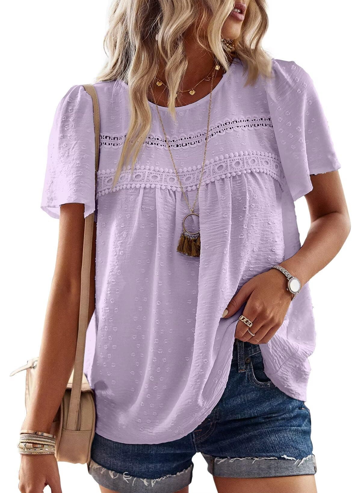 TUUHAW T-Shirt da Donna Pizzo Manica Corta Magliette con Scollo Estive Camicia Casual Abbigliamento Boho Top Maglie Tunica