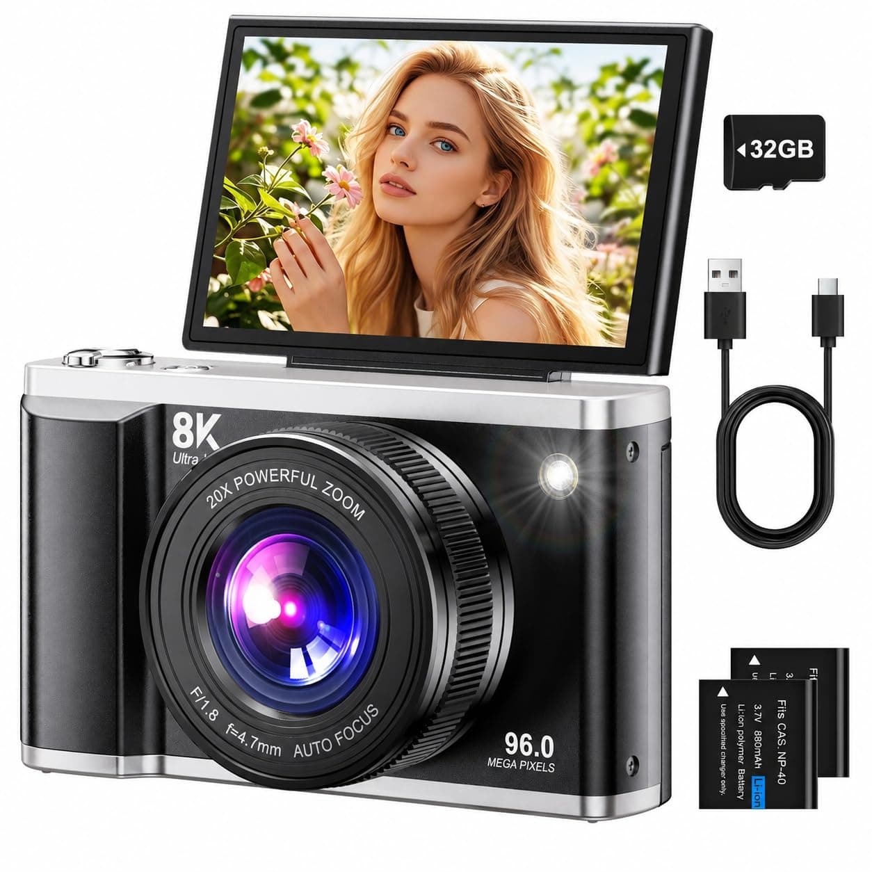 Appareil Photo Numérique 8K 96MP avec WiFi, Zoom Numérique 20X, Appareil Photo avec Autofocus et Stabilisation Anti-Shake, Écran Rabattable 3,5" 180°, Carte SD 32GB et 2 Batteries