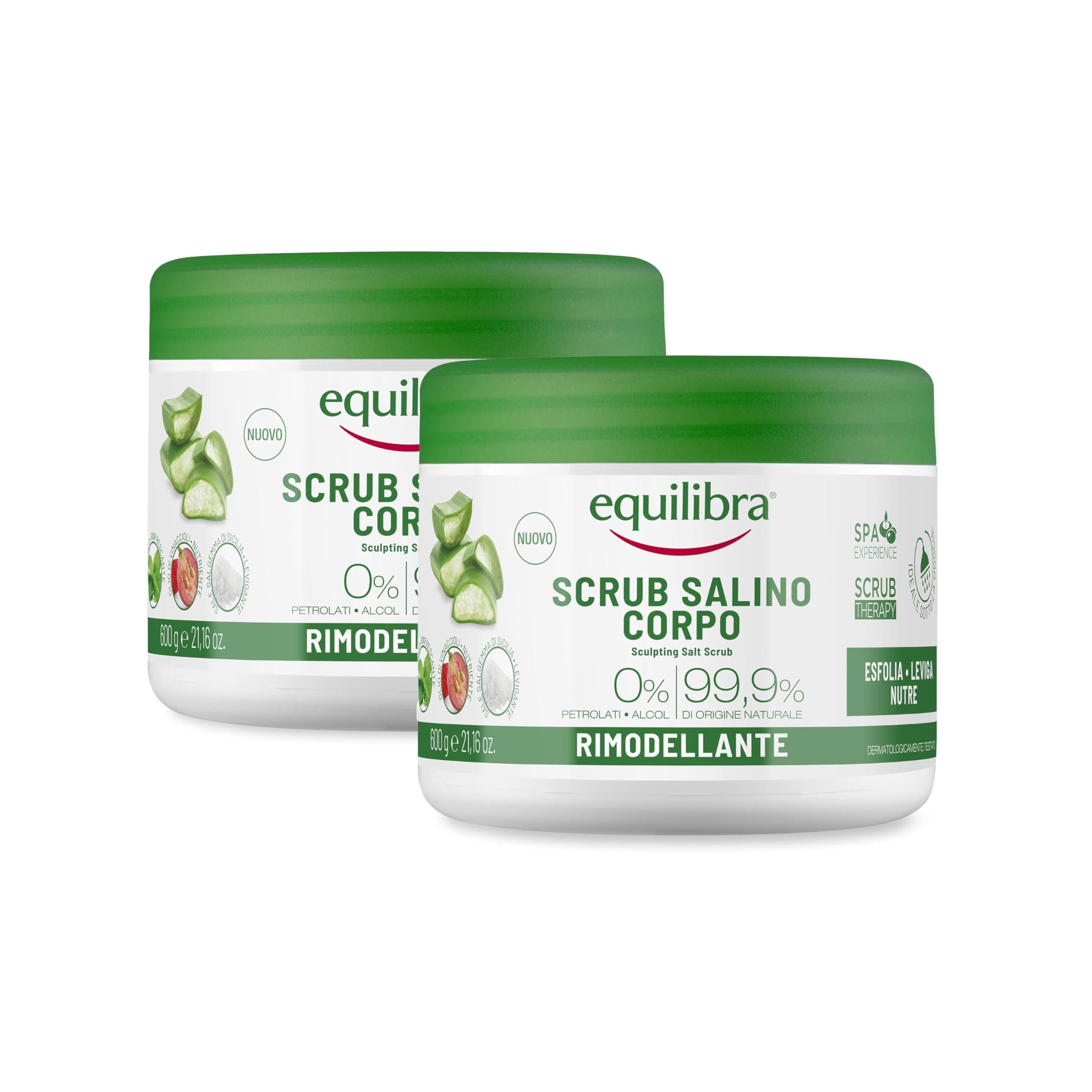 Equilibra Corpo, Scrub Salino Rimodellante, Scrub Corpo Esfoliante a Base di Aloe Vera, Leviga e Nutre la Pelle, Mix Sali Marini Azione Antiacqua, Oli Naturali ed Estratti Vegetali, 2 Pezzi da 600 g
