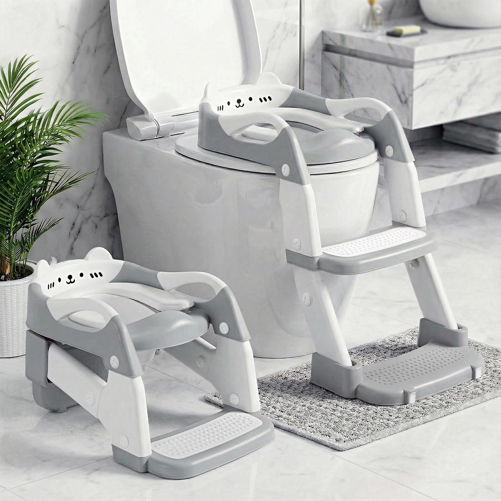 Orzbow Riduttore Wc Bambini con Scaletta, 2 in 1 Scaletta Wc Per Bambini, Vasino Per Bambini Wc, Altezza Regolabile, Pedale Allungato e Cuscino in PVC, Antiscivolo e Leggero, Grigio