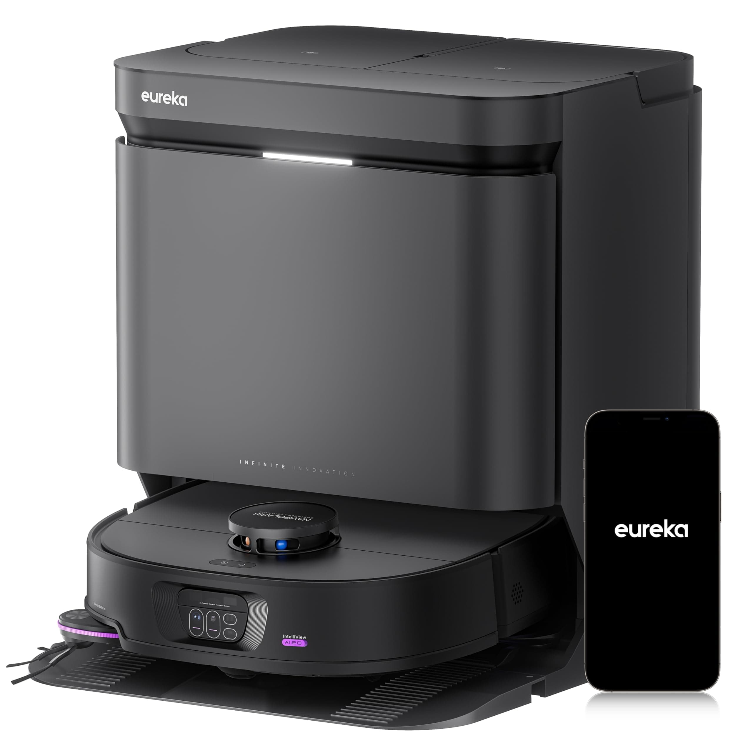 Eureka J15 Max Ultra Robot Aspirateur Laveur. Serpillière & Brosse latérale Extensible, Aspiration 22000 Pa. Station autonettoyante, Lavage serpillière Eau 80℃, IntelliView 2.0, Anti-emmêlement, Noir