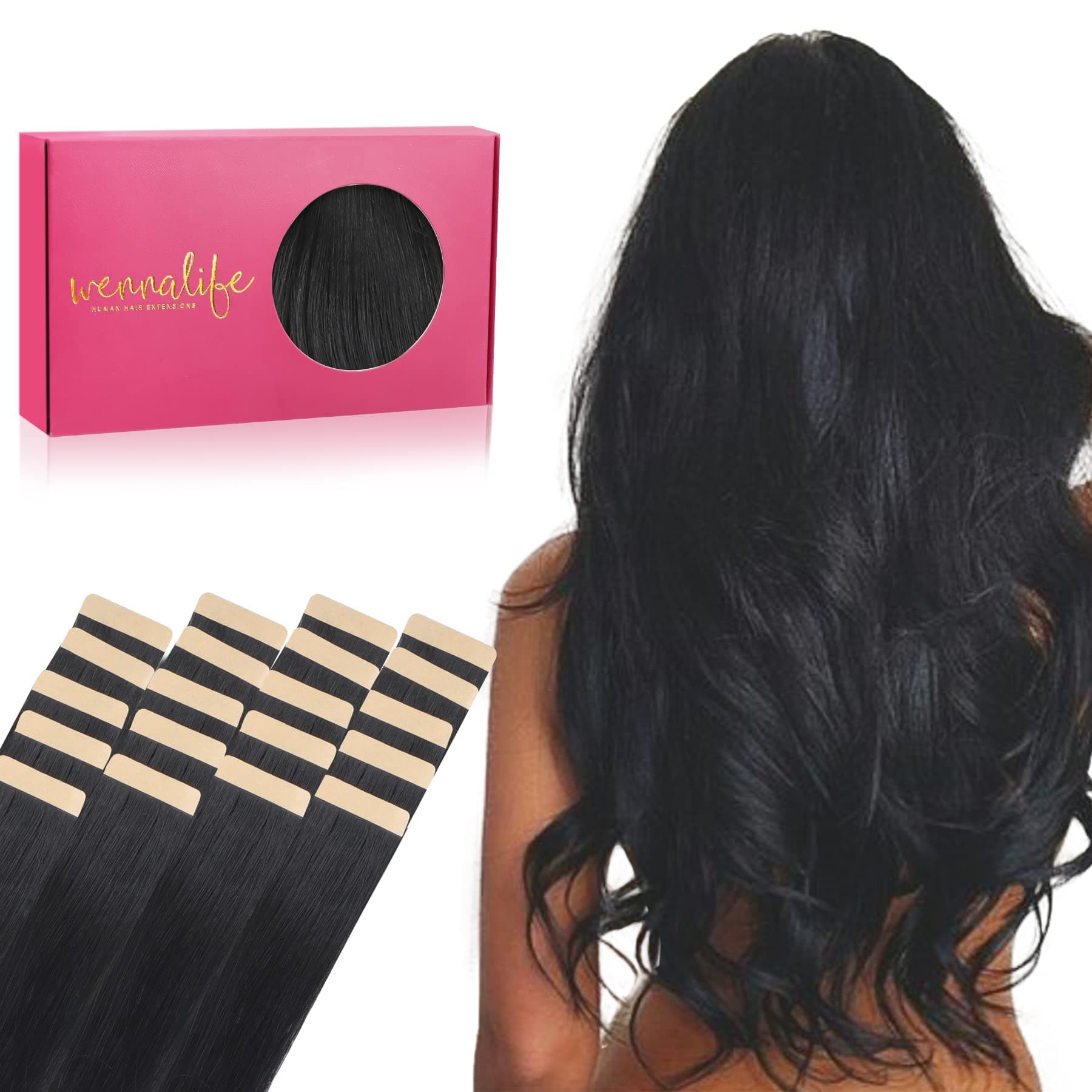 WENNALIFE Extension Capelli Veri Biadesivo, 20pz 55cm 50g Nero Jet Extension Biadesive Capelli Veri Lisci Remy Tape in Hair Extensions Capelli Setosi