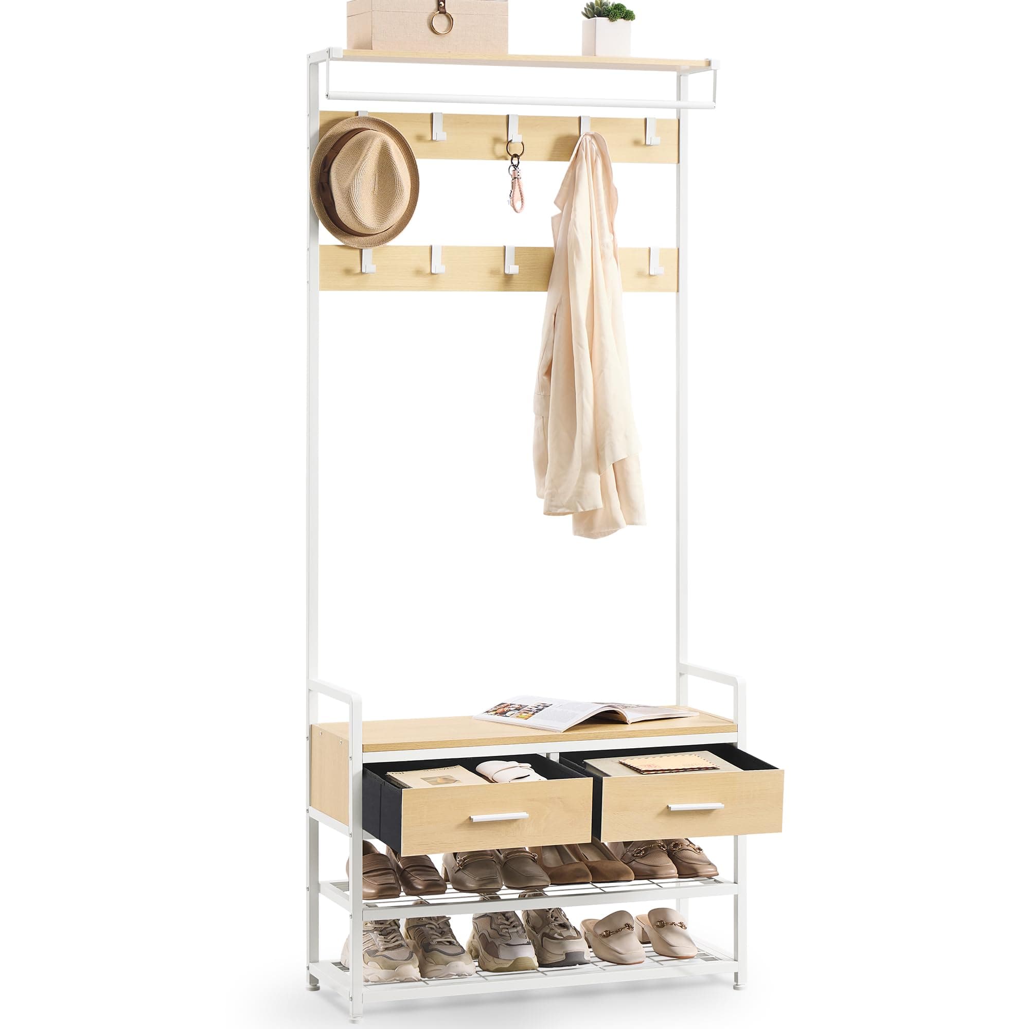 VASAGLE Porte-Manteau d’Entrée, Meuble d’Entrée avec 10 Crochets Amovibles, 2 Tiroirs, Design Séparable, 30 x 80,4 x 181,6 cm, Doré Chêne et Blanc Mat HSR429YA01