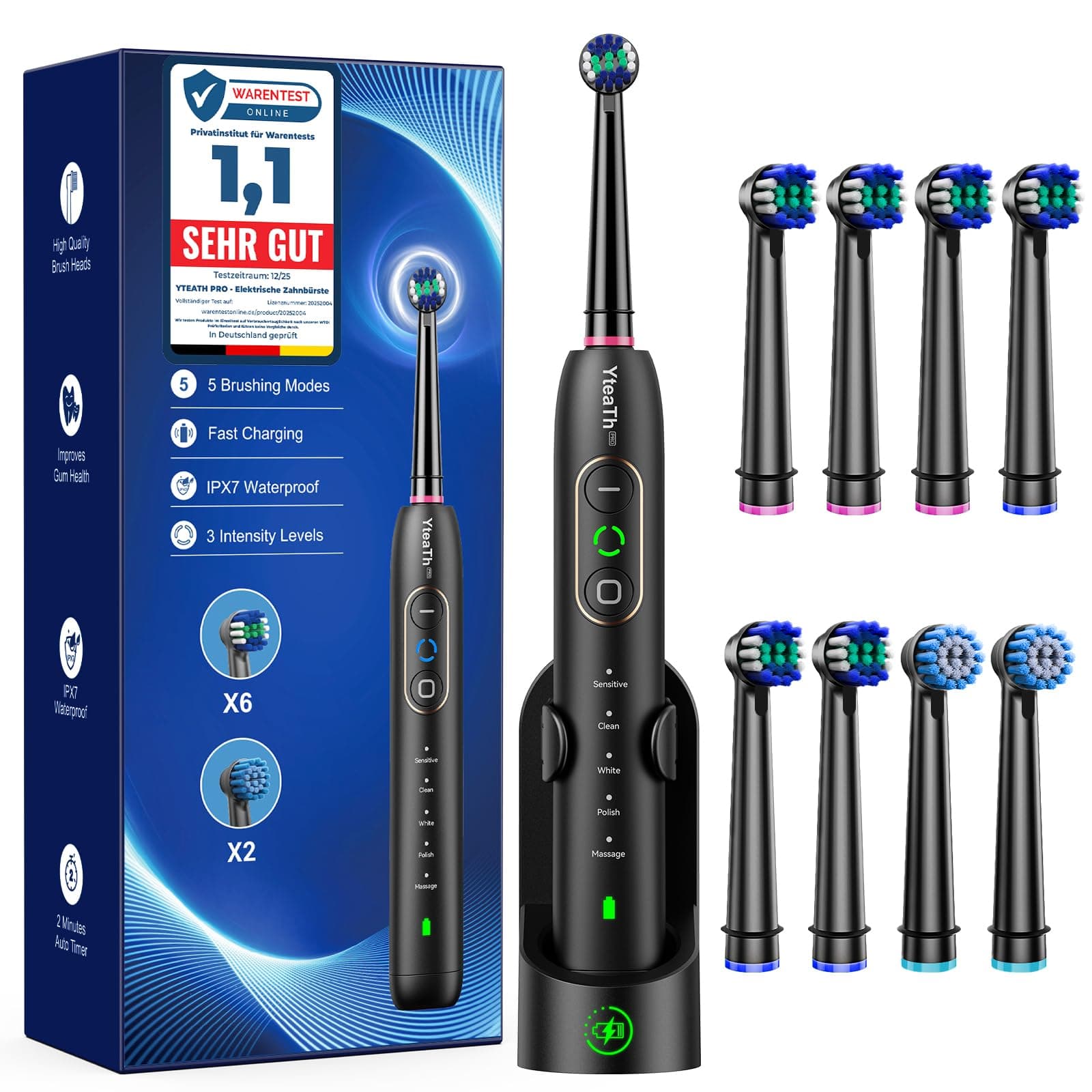 Spazzolino Elettrico Rotante per Adulti - Spazzolino Denti Rotante 3 Intensità, 5 Modalità, 8 Testine, Impermeabile IPX7, Spazzolino Elettrico Da Viaggio Ricaricabile, Nero