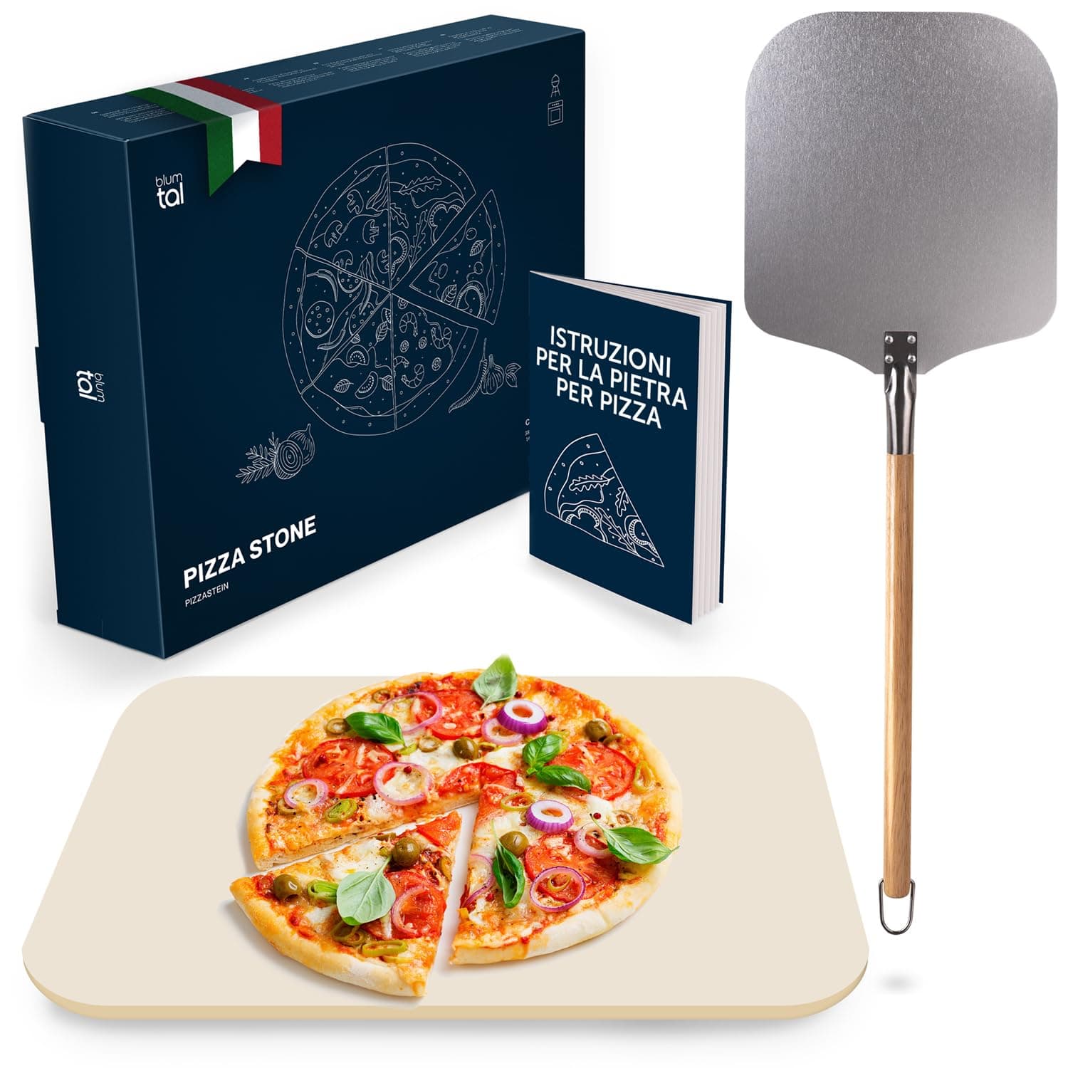 Blumtal Set Pietra Refrattaria per Pizza da Forno con Pala per Pizza - Pietra Lavica per Barbecue a Gas + Pala Pizza Professionale con Manico Staccabile - Resistente al Calore fino a 900 °C