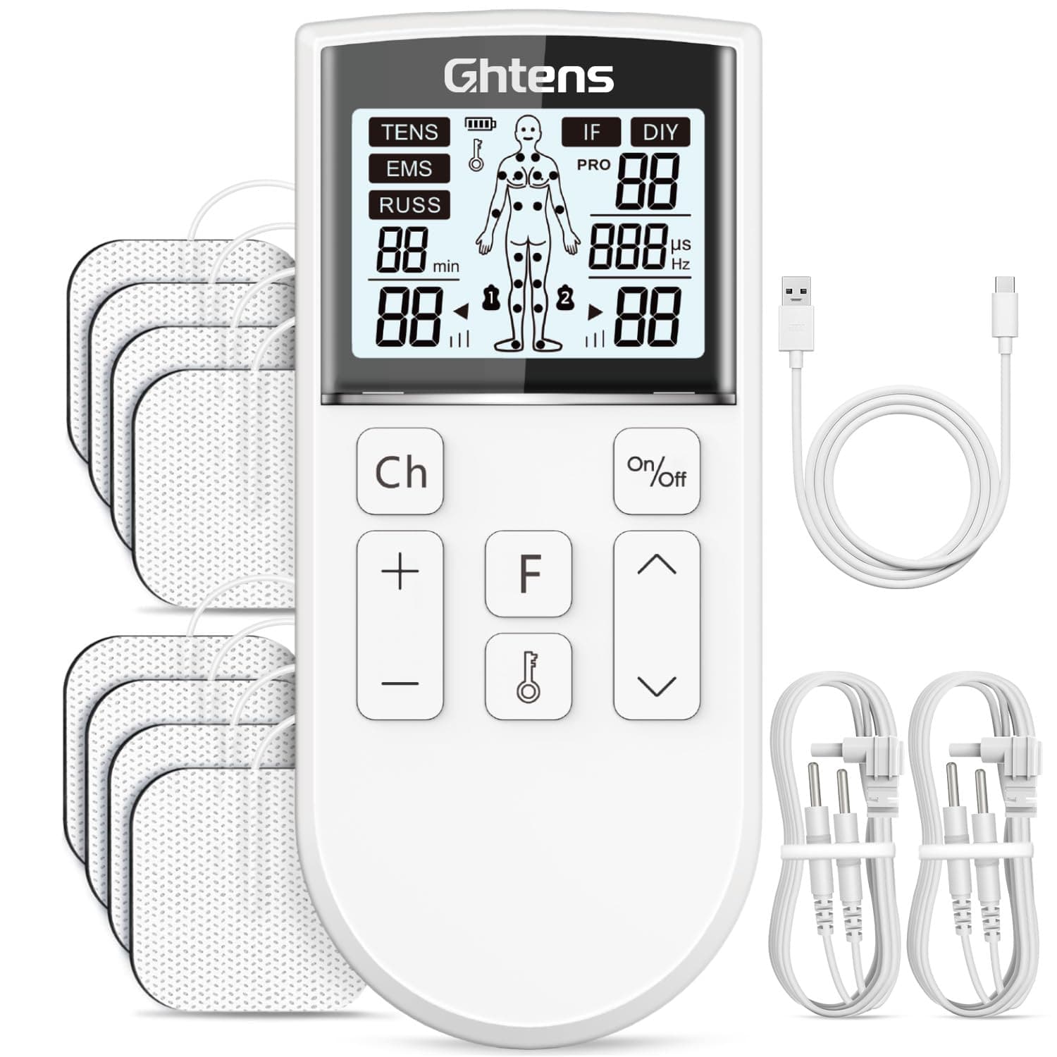 GHTENS 5 en 1 Electroestimulador Muscular‌ Profesional, Recargable 80 Modos de Estimulación, Con Función TENS/EMS/RUSS/IF/DIY y Masaje, 2 Canales, 16 Intensidad, Para el Alivio del Dolor (Blanco)