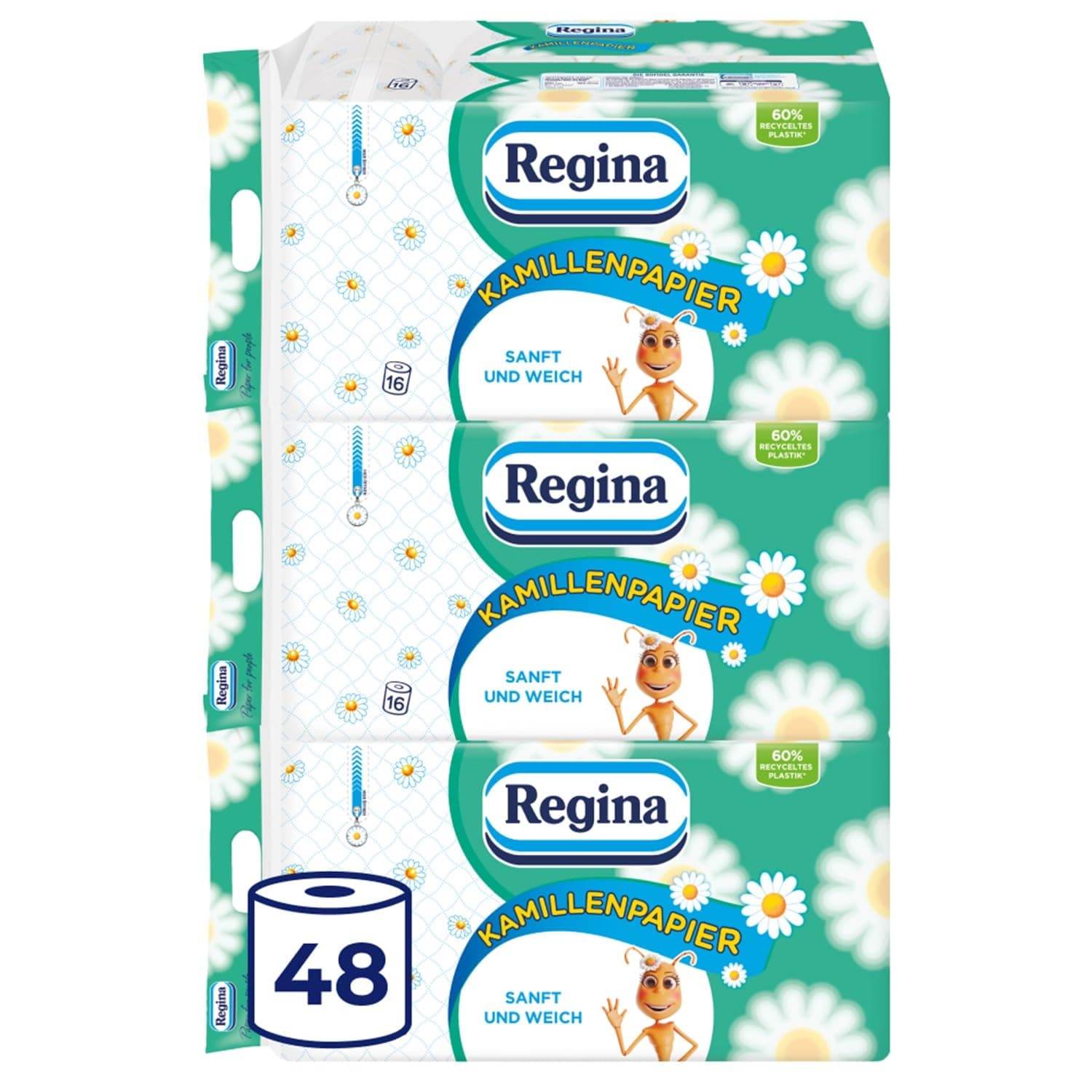 Regina Kamillenpapier 3-lagiges Toilettenpapier, 48 Rollen-Packung (3 x 16 Einzelpackungen), 150 Blatt pro Rolle, Sanft und zuverlässig, Mit einem Hauch von Kamille, FSC-zertifiziertes Papier