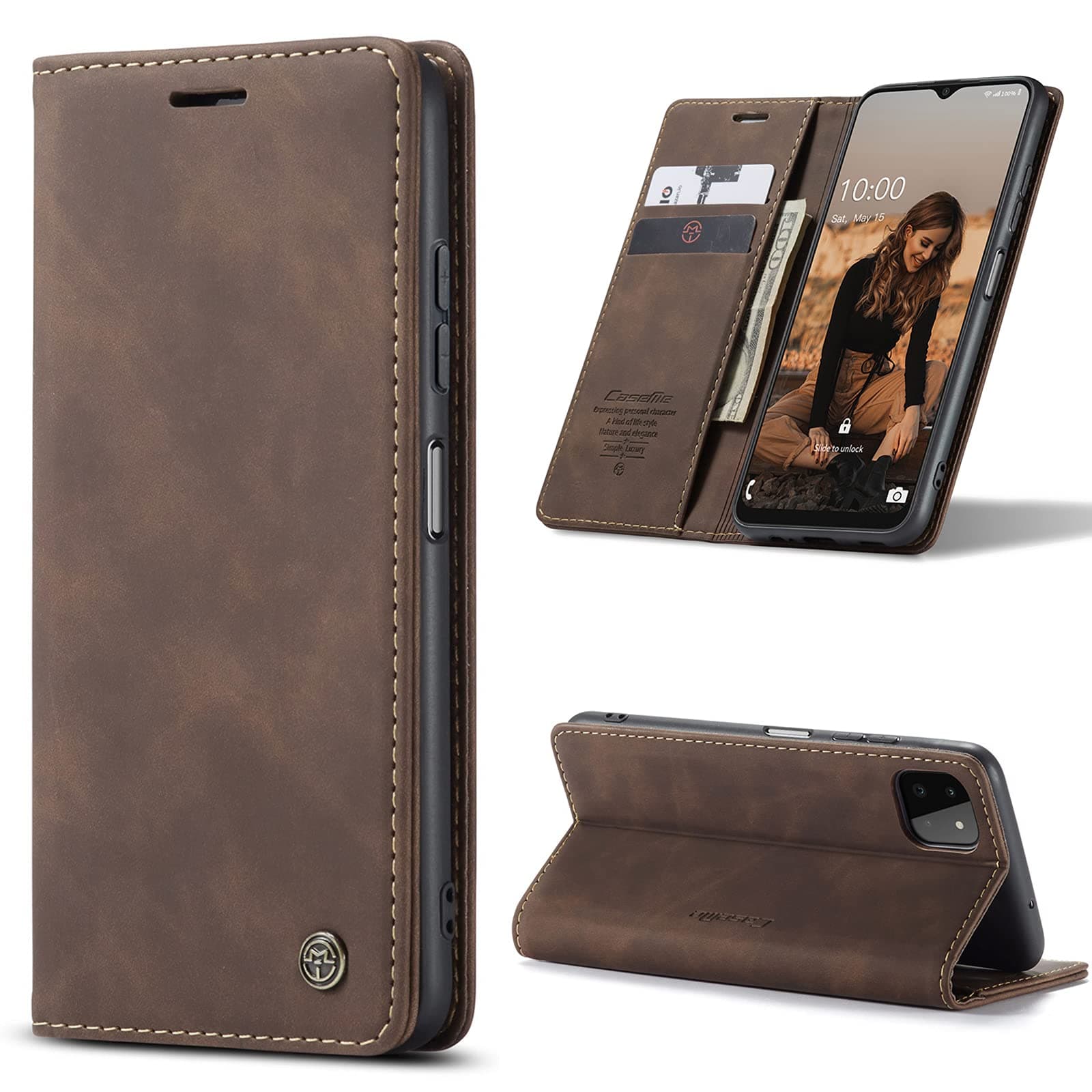 owlhold Coque Samsung Galaxy A22 5G, Housse Antichoc en Cuir PU Premium Fentes Cartes Etui Pochette de Portefeuille avec Fonction Support Case à Rabat Housse Samsung Galaxy A22 5G - Café