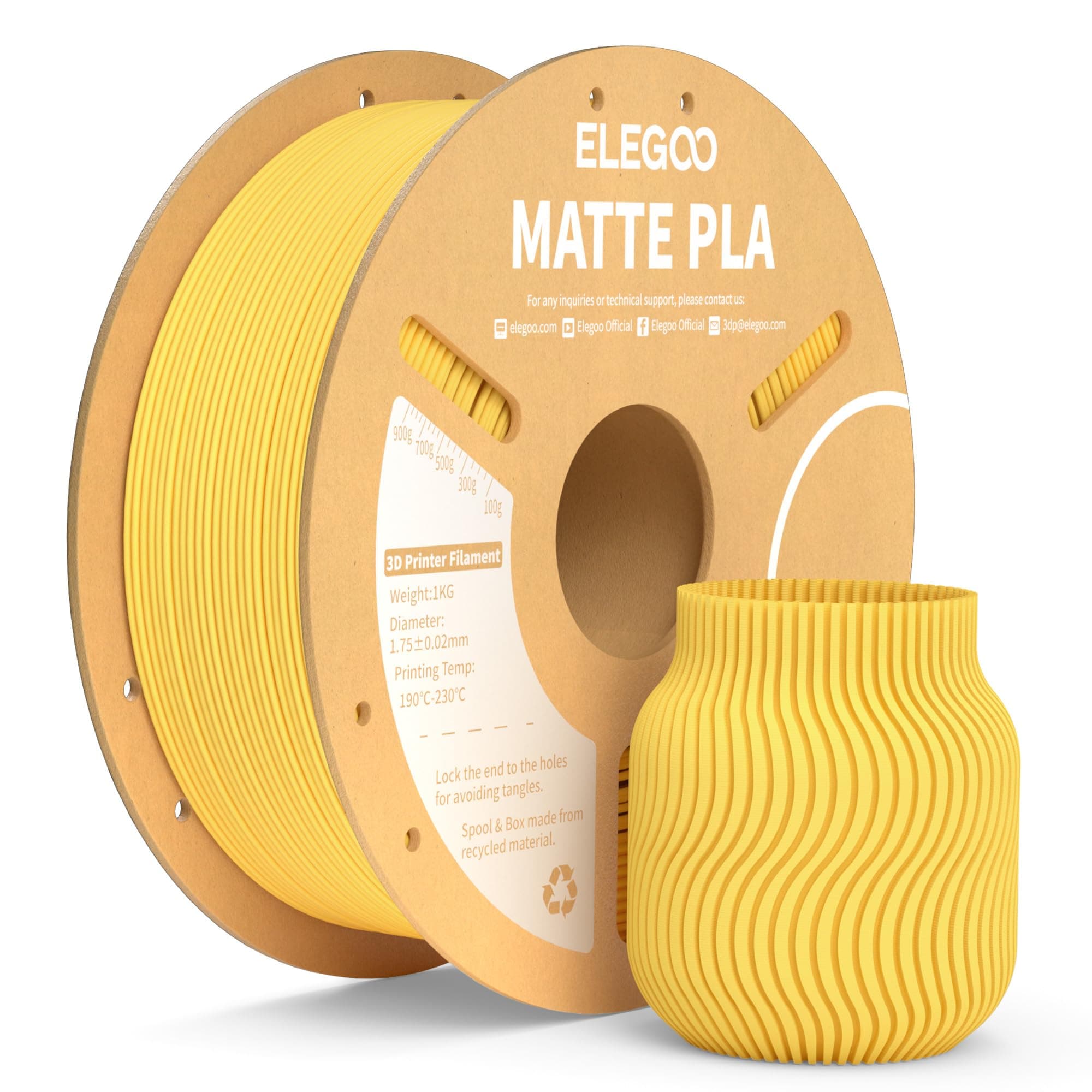 ELEGOO Filament PLA Matte Jaune Soleil 1KG, 1.75mm Filament pour Imprimante 3D Précision Dimensionnelle +/- 0.02mm, Bobine de 1kg de carton (2.2lbs) pour la plupart des Imprimantes 3D FDM