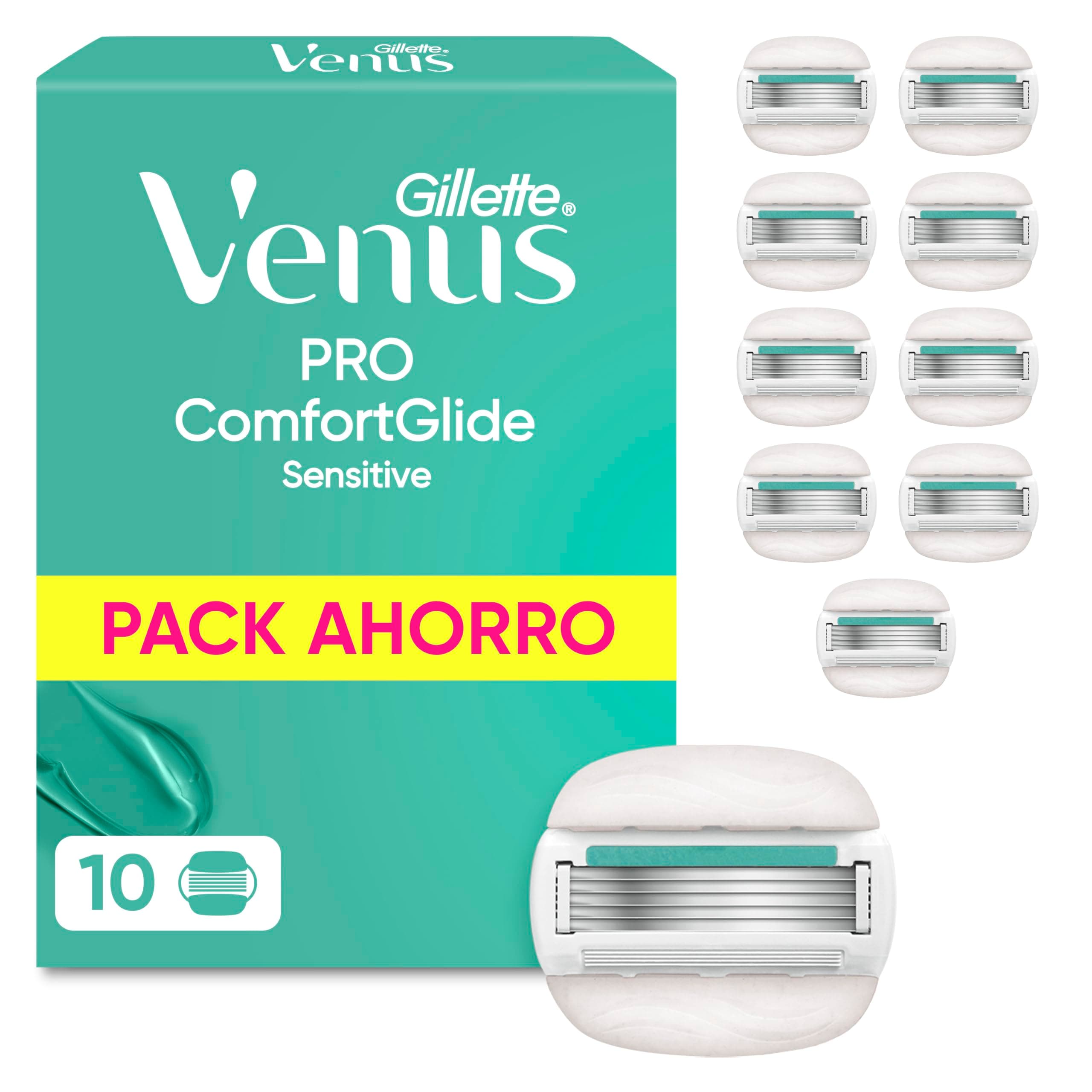 Gillette Venus Pro ComfortGlide Sensitive Cuchillas de Afeitar, Pack de 10 | Recambios para Maquinilla de Afeitar Mujer, 5 Hojas Y Banda Lubricante con Aloe Vera, Depilación Suave, Apurada Y Duradera