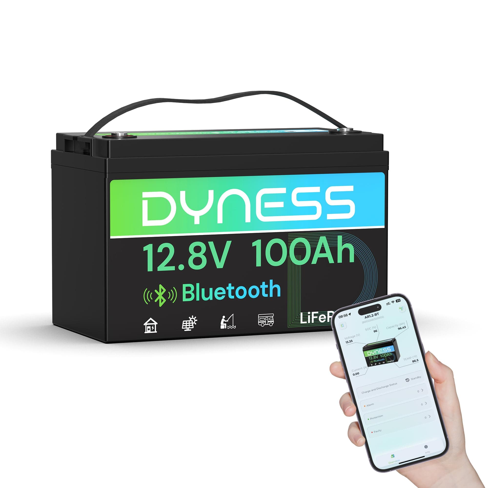 Dyness Batería LiFePO4 12V 100Ah Bluetooth, 12V Batería de Litio Hierro de Fosfato de Ciclo Profundo con 100A BMS, para Autocaravana, Marina, Campistas, Sistemas Solares