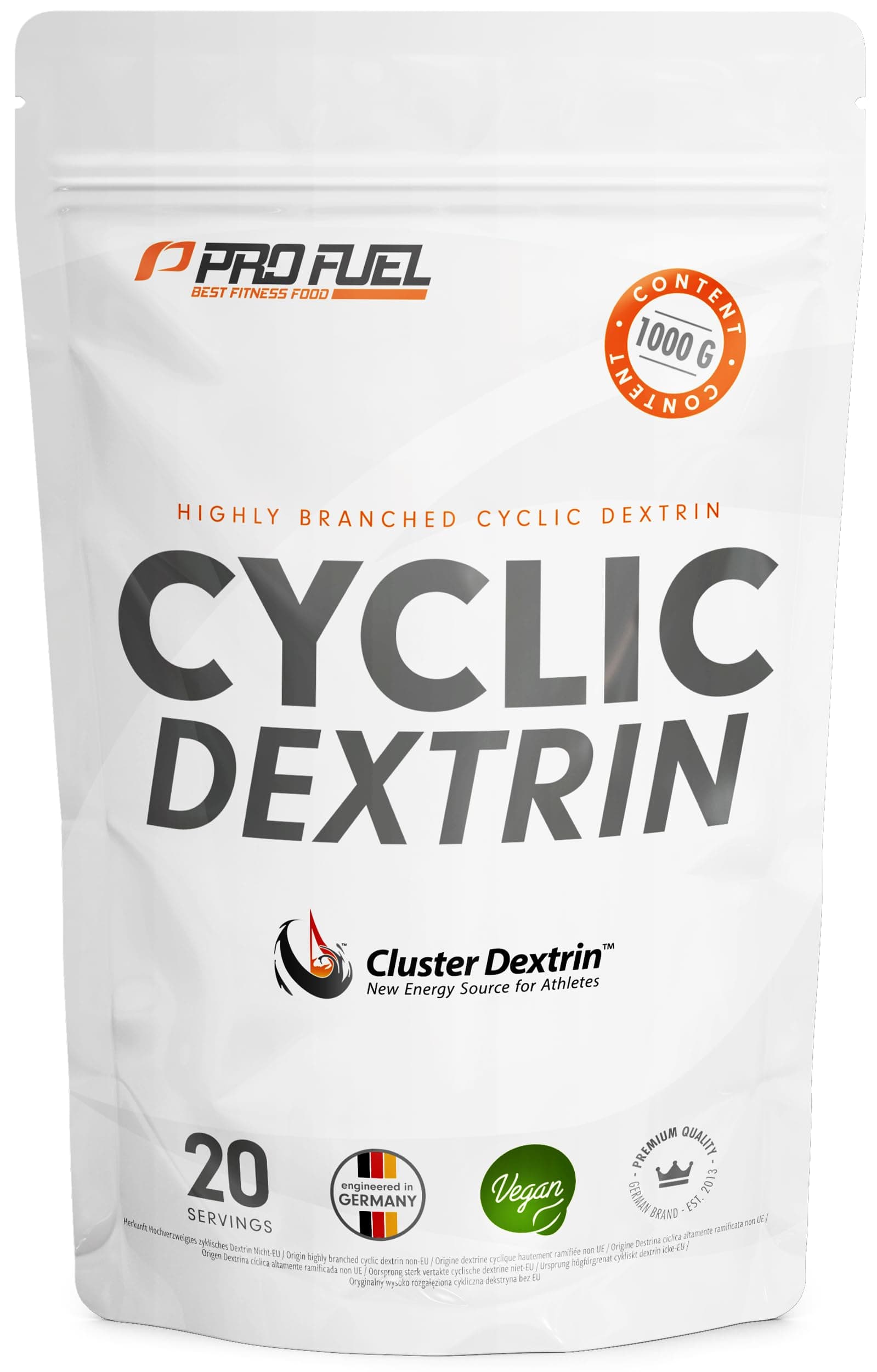 Cluster Dextrin® 1kg - hochverzweigtes zyklisches Dextrin (Highly Branched Cyclic Dextrin) - Cluster Dextrin® Premium Kohlenhydrate-Pulver als Alternative zu Maltodextrin - laborgeprüft - 20 Portionen