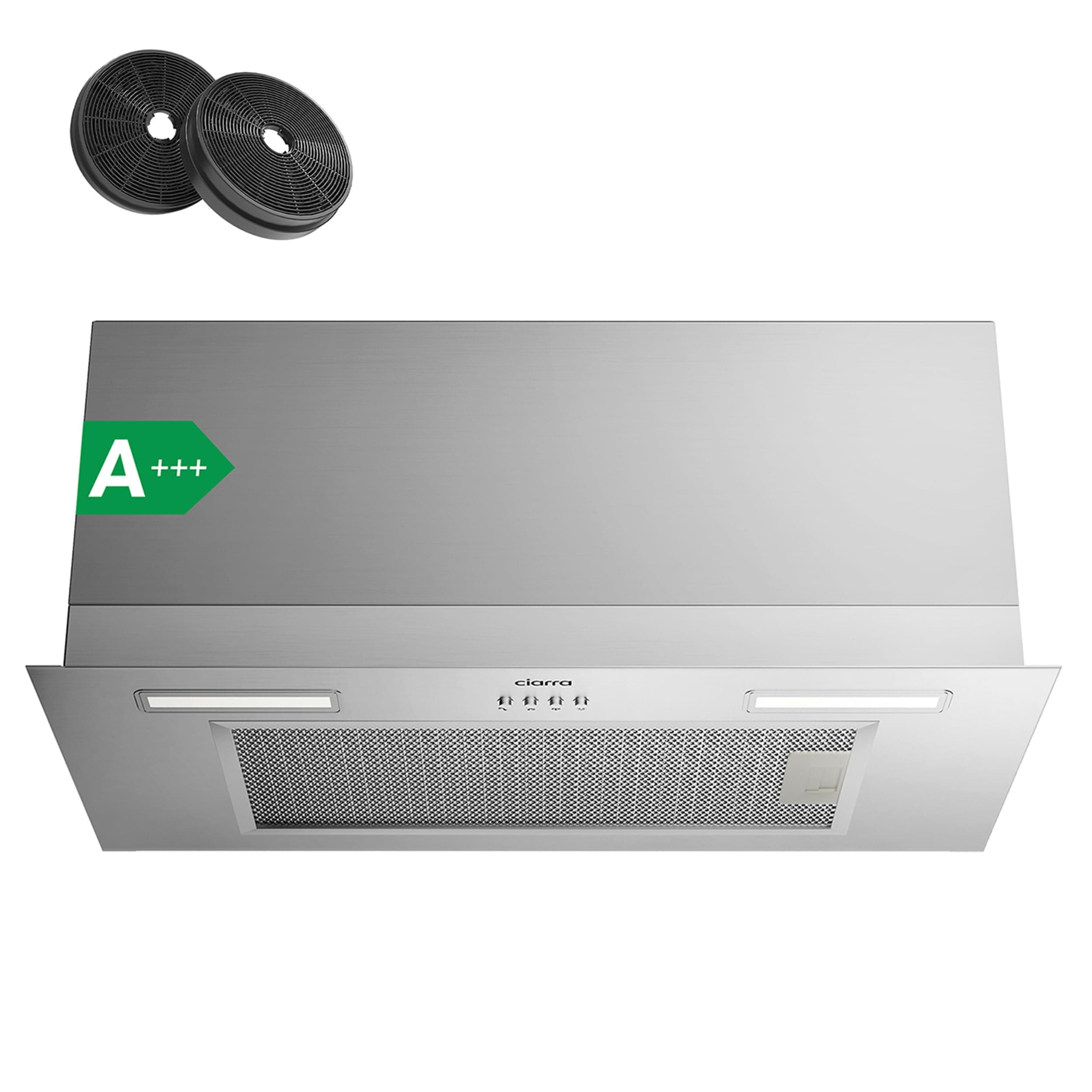 Ciarra Hotte Aspirante Encastrée 60cm A+++, 704 m³/h, 3 Vitesses, Mode Recyclage ou Évacuation, Filtre à Charbon Inclus, LED Éclairage, Inox – CBCS6926A
