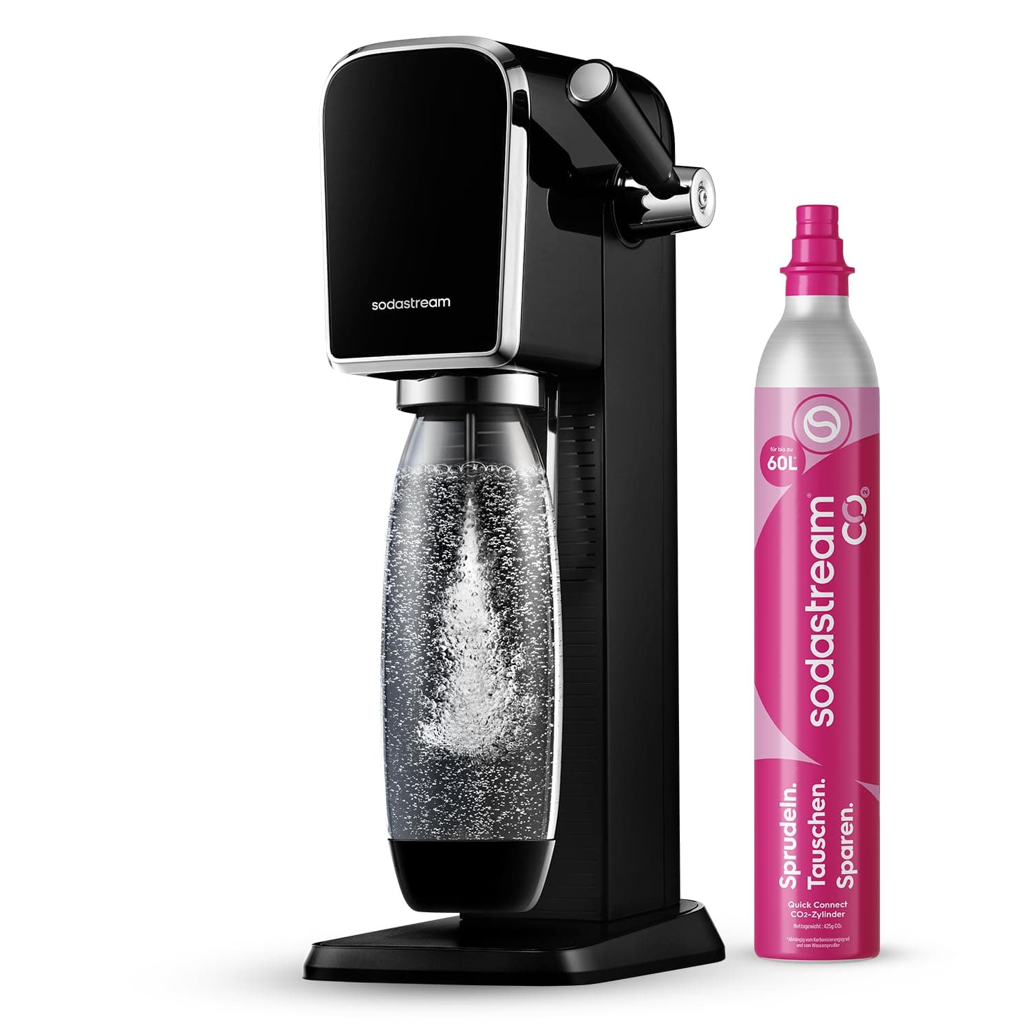SodaStream Wassersprudler ART mit CO2-Zylinder und 1x 1L spülmaschinenfeste Kunststoff-Flasche, Höhe 44cm, Schwarz, 44 cm