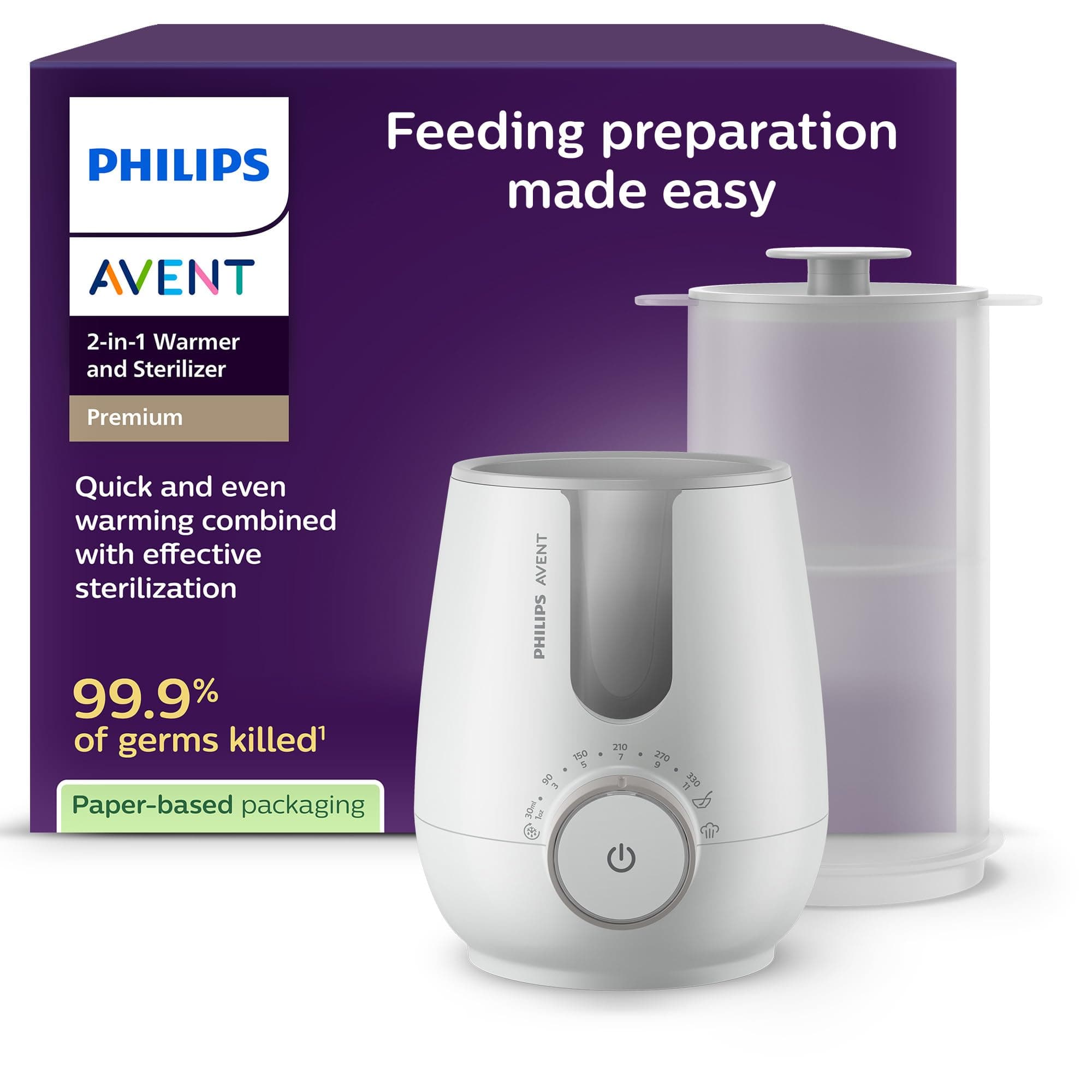 PHILIPS Avent Premium - Chauffe-biberon et stérilisateur 2 en 1 de type bain-marie et conforme aux normes hospitalières, avec capteur intelligent de la température, SCF359/00